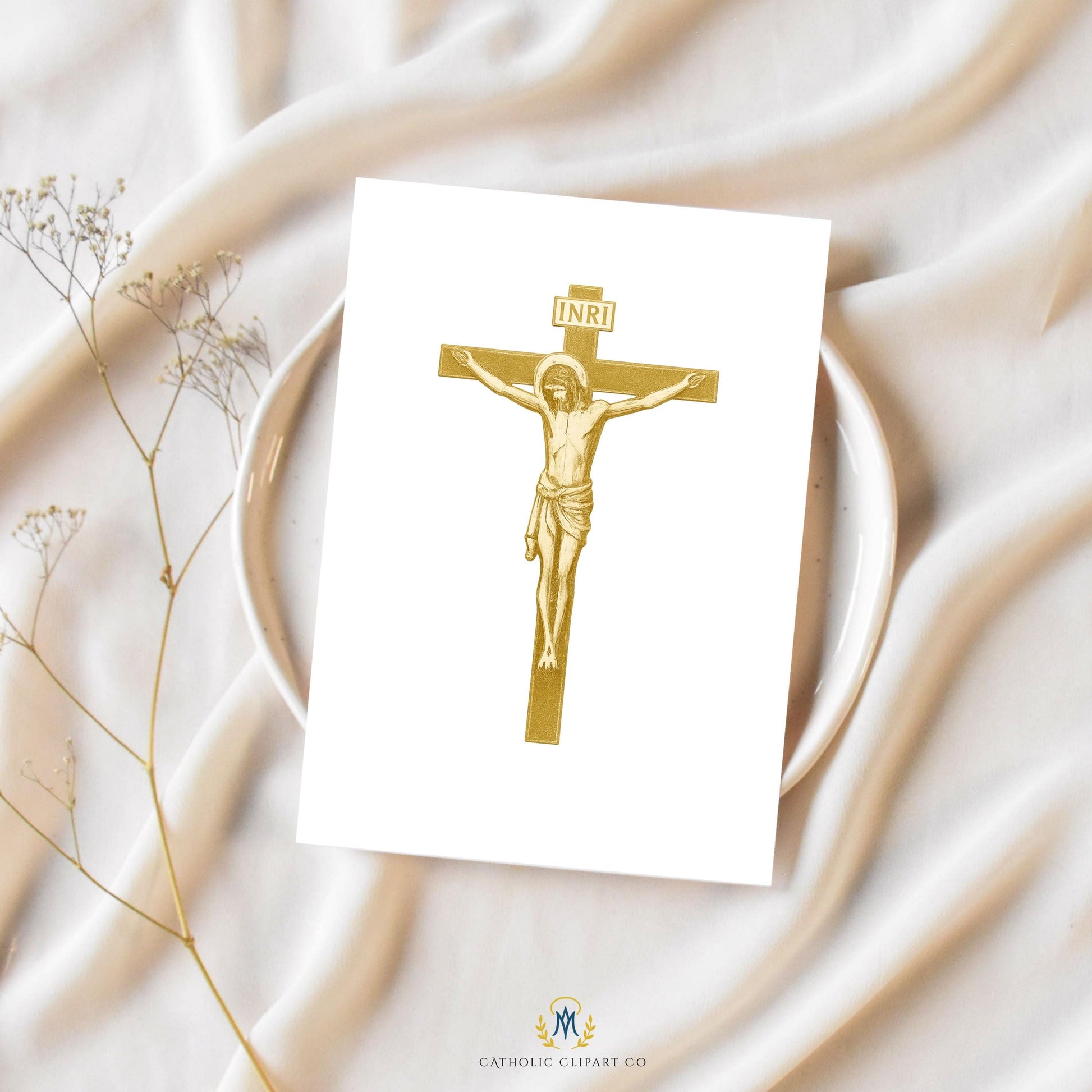 Catholic Crucifix Clipart Set, Gold Jesus on the Cross PNG, INRI Crucifix, Christian Gold Foil Cross Clip Art Bundle