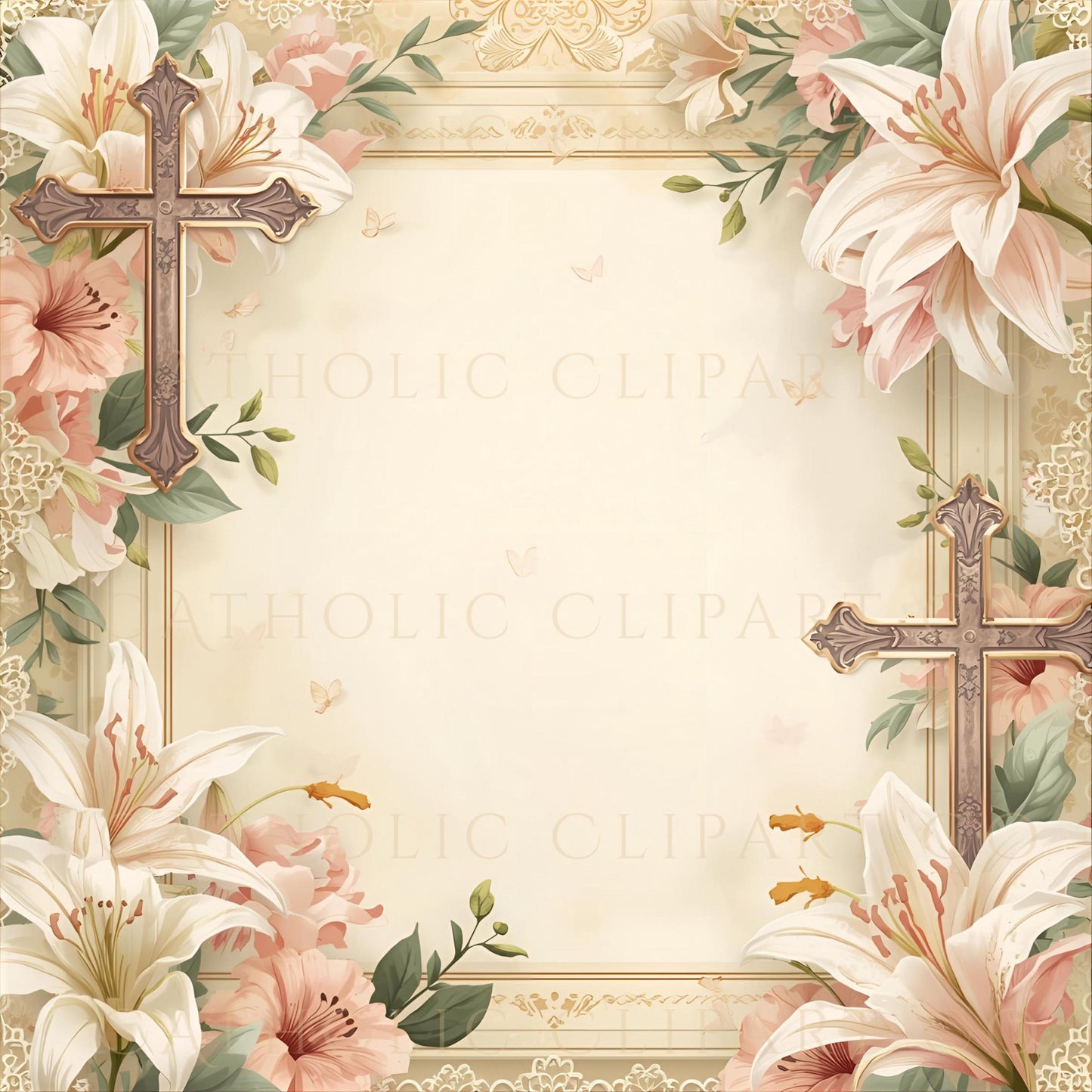 Religious digital paper with elegant floral border • Papel digital religioso con borde floral elegante