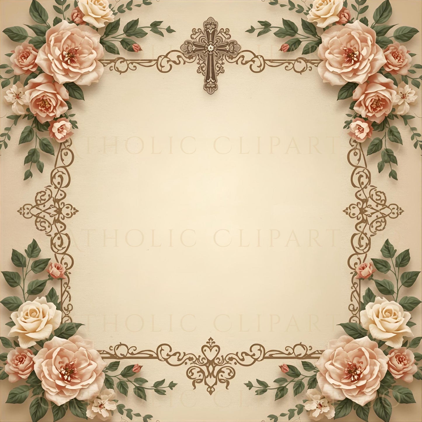 Floral religious border with vintage gold accents • Borde religioso floral con acentos dorados vintage