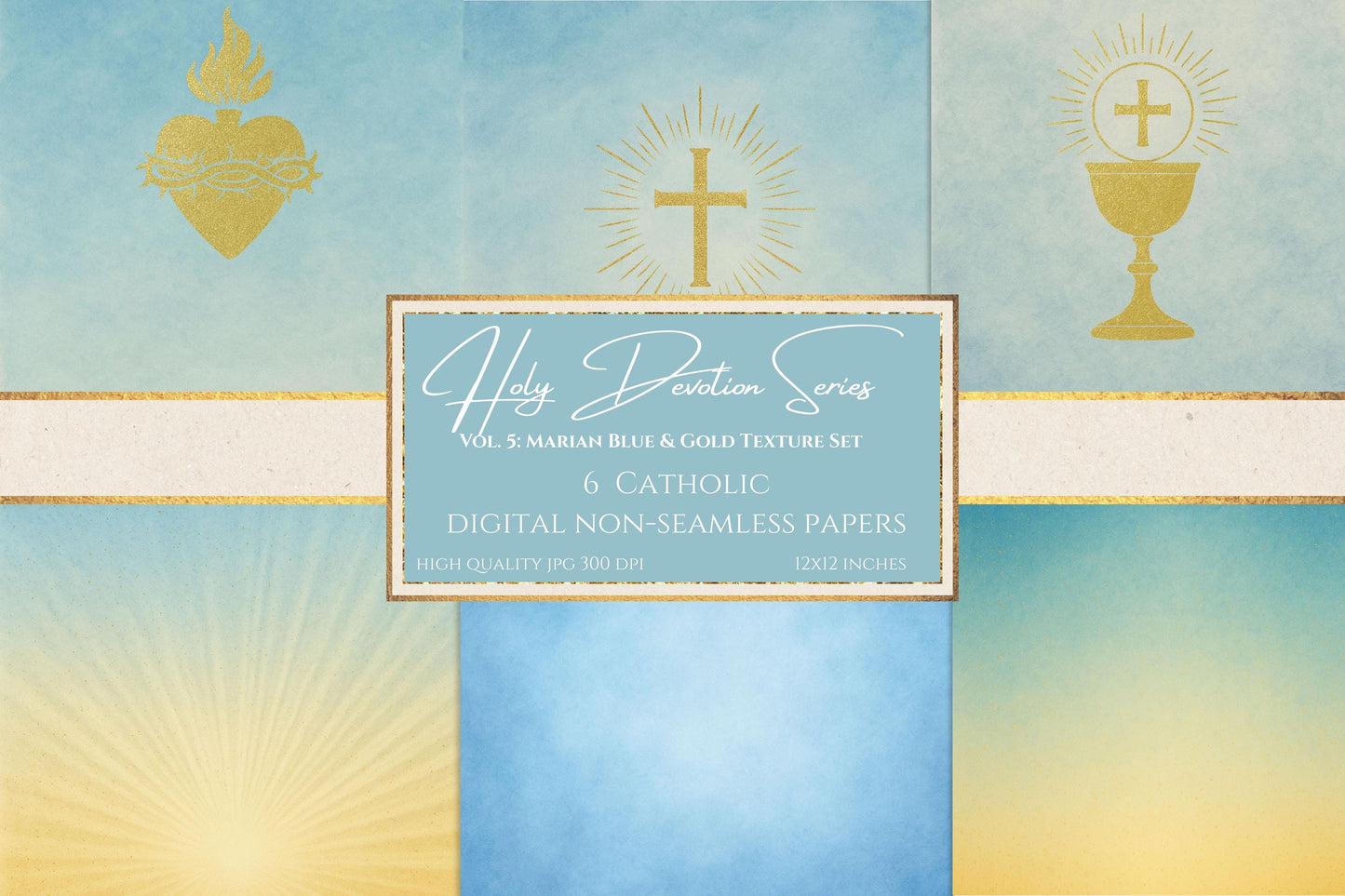 Marian blue Catholic digital paper with gold Sacred Heart — Papel digital católico azul mariano con Sagrado Corazón dorado