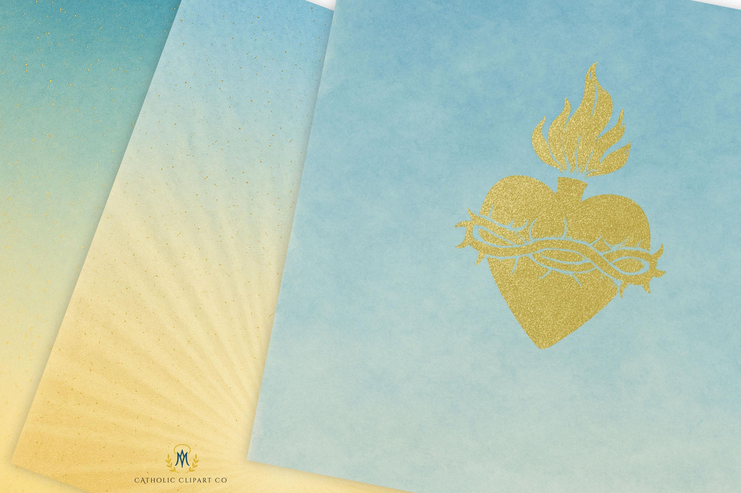 Catholic gold icon set on blue textured paper — Íconos católicos dorados sobre papel texturizado azul