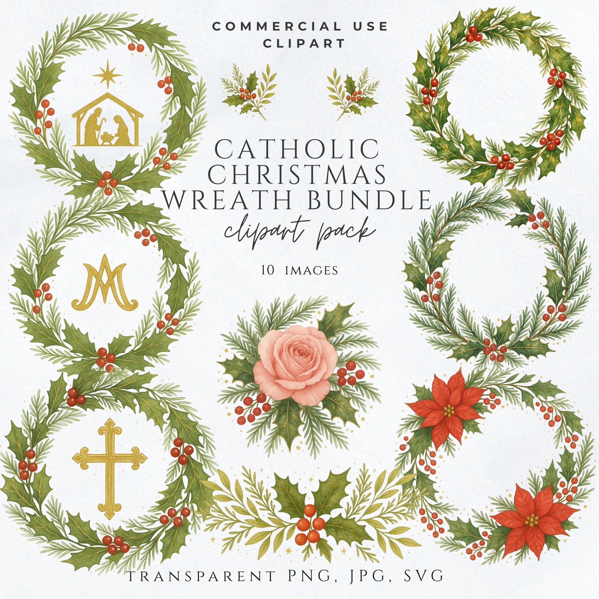 Watercolor Christmas wreath with gold Nativity silhouette — Guirnalda navideña en acuarela con silueta dorada del Nacimiento