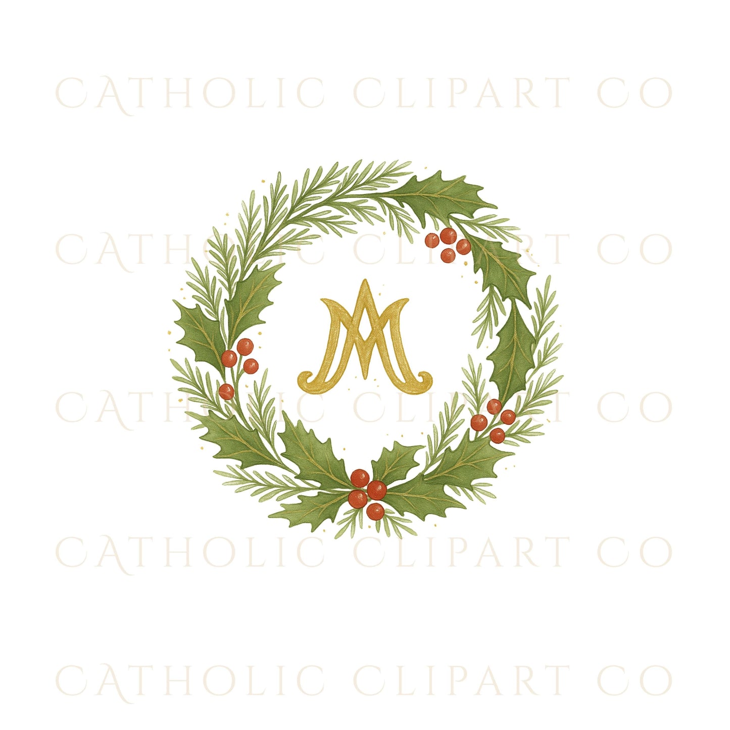 Catholic Christmas Wreath Clipart Bundle • Nativity, Marian “M”, Gold Cross & Poinsettia Wreaths • Watercolor Holiday PNG JPG SVG