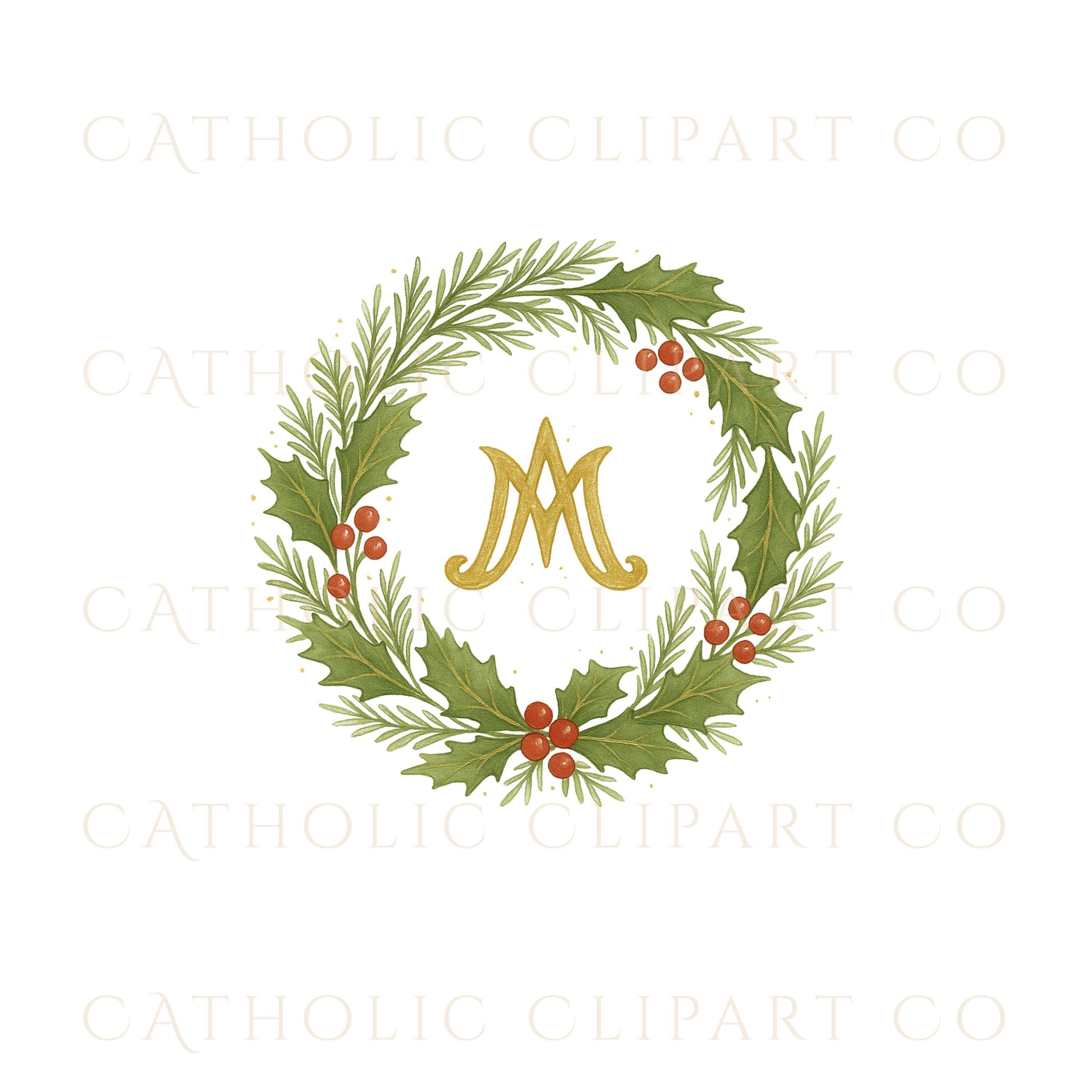 Catholic Christmas Wreath Clipart Bundle • Nativity, Marian “M”, Gold Cross & Poinsettia Wreaths • Watercolor Holiday PNG JPG SVG