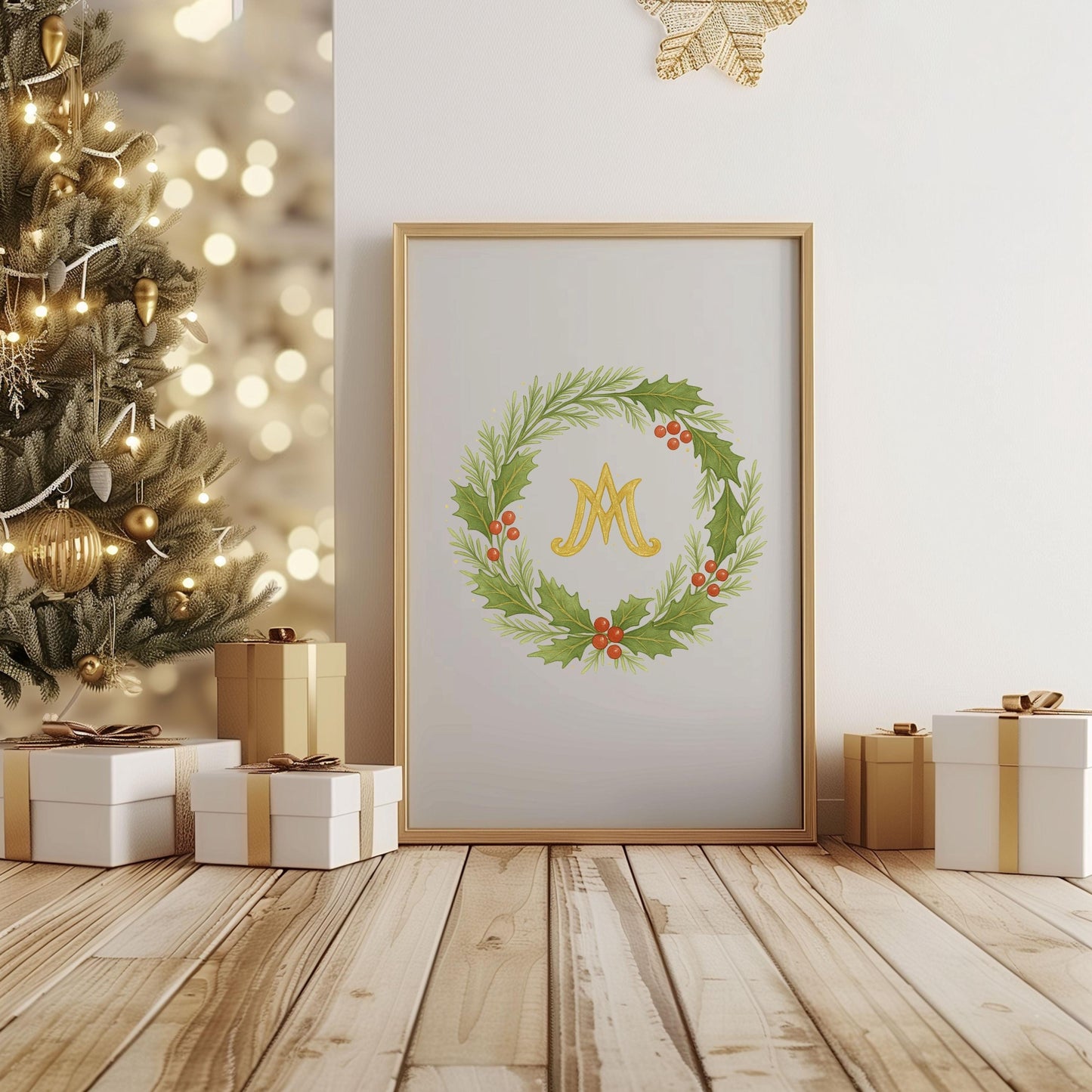 Poinsettia wreath with soft gold accents — Guirnalda de nochebuenas con detalles dorados suaves