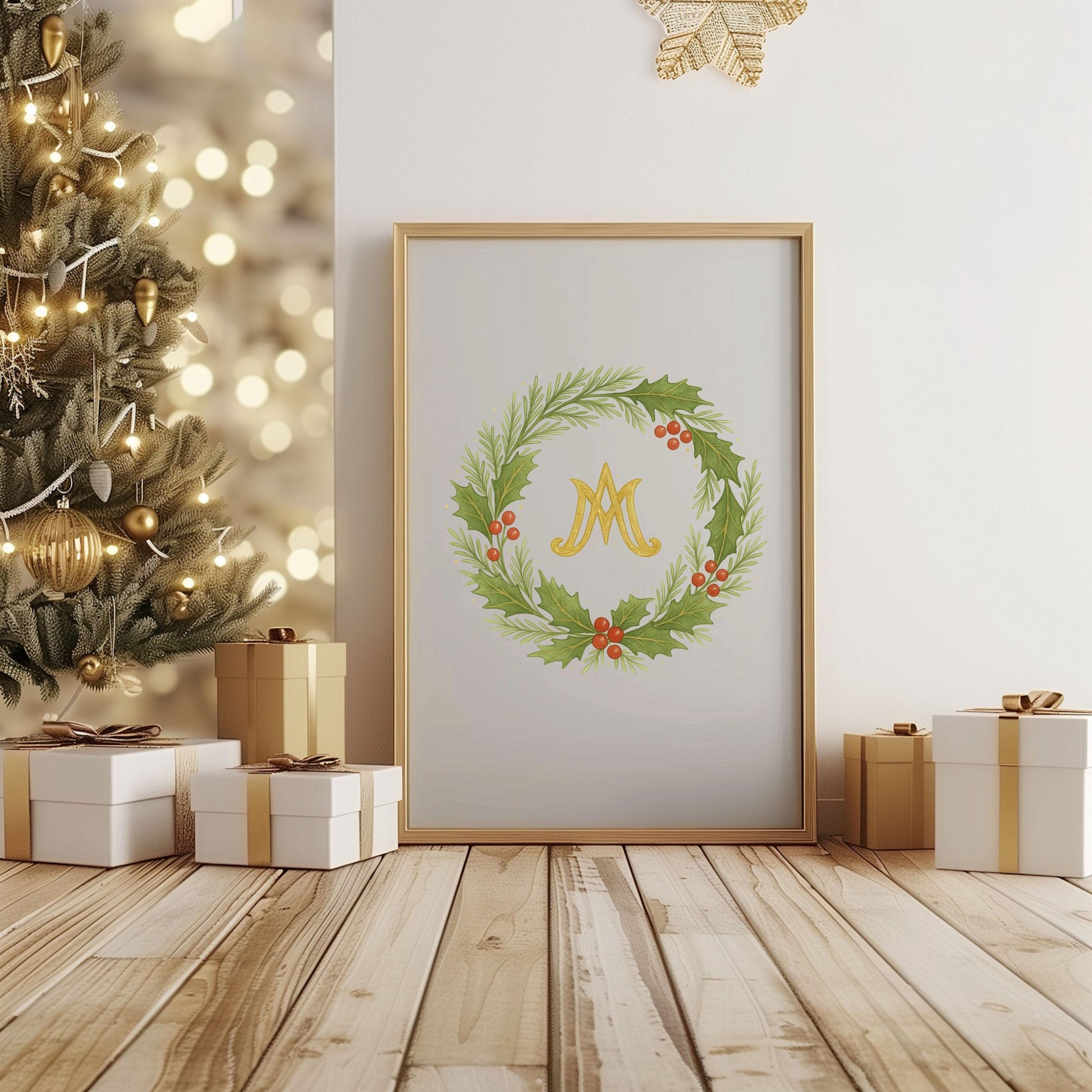 Poinsettia wreath with soft gold accents — Guirnalda de nochebuenas con detalles dorados suaves