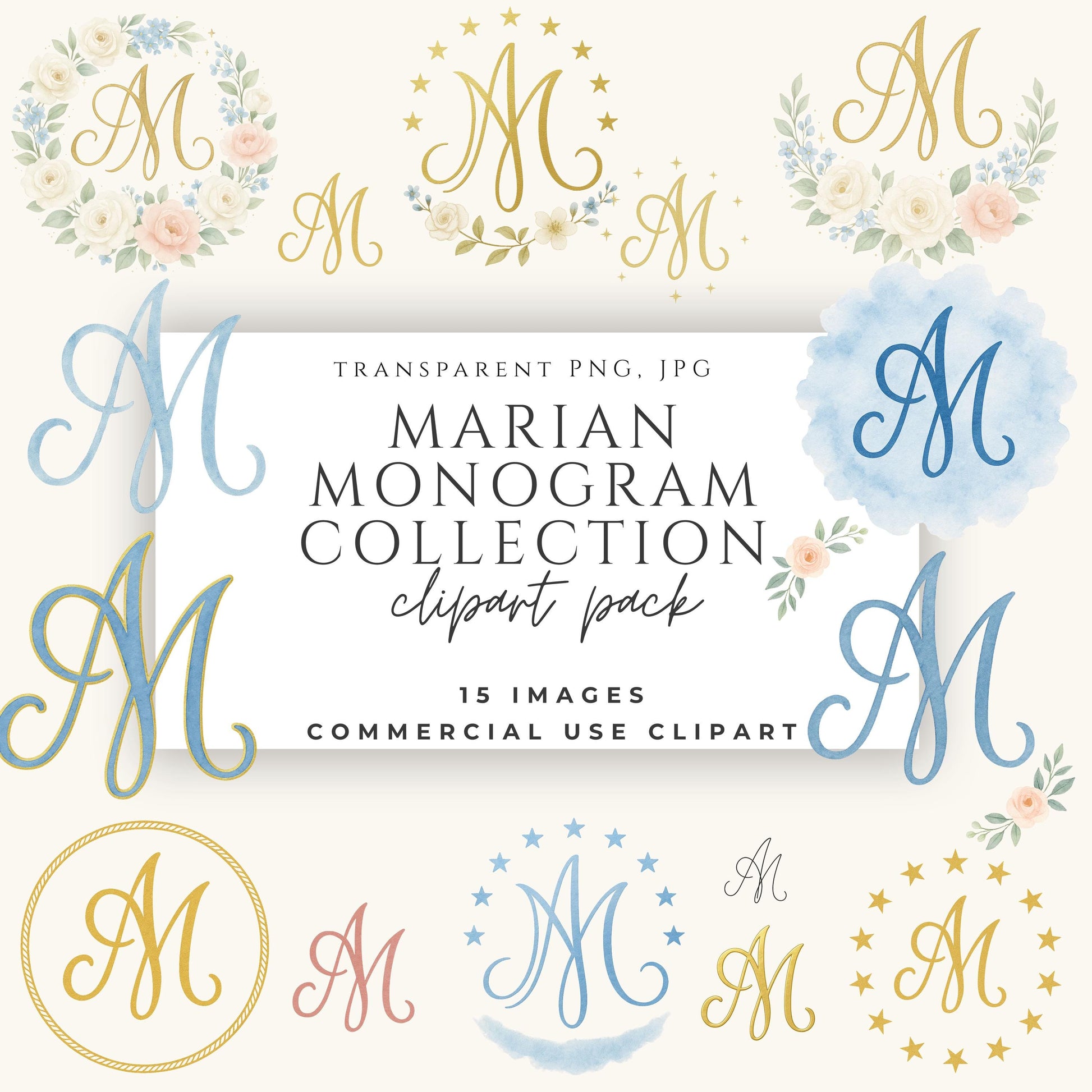 Marian monogram in blue watercolor • Monograma mariano en acuarela azul