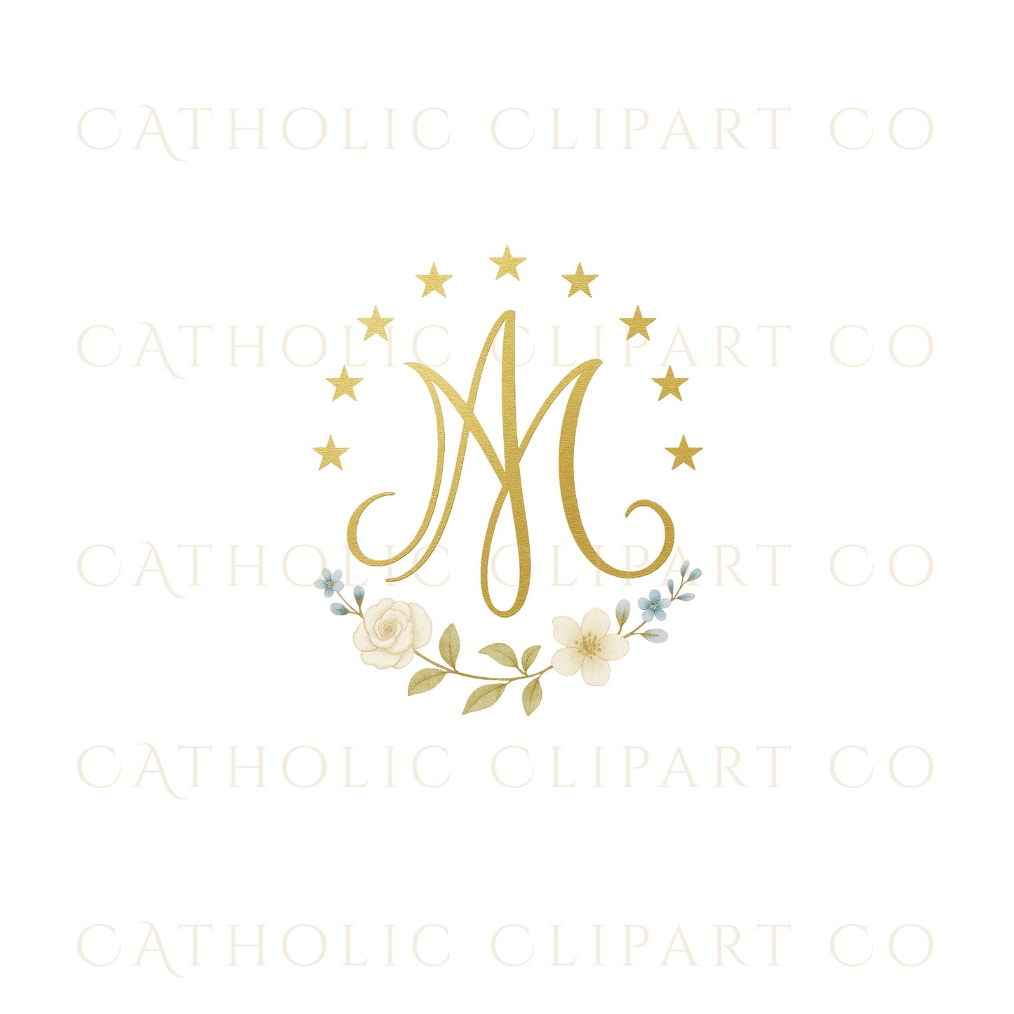 Gold Marian monogram with floral wreath • Monograma mariano dorado con corona floral