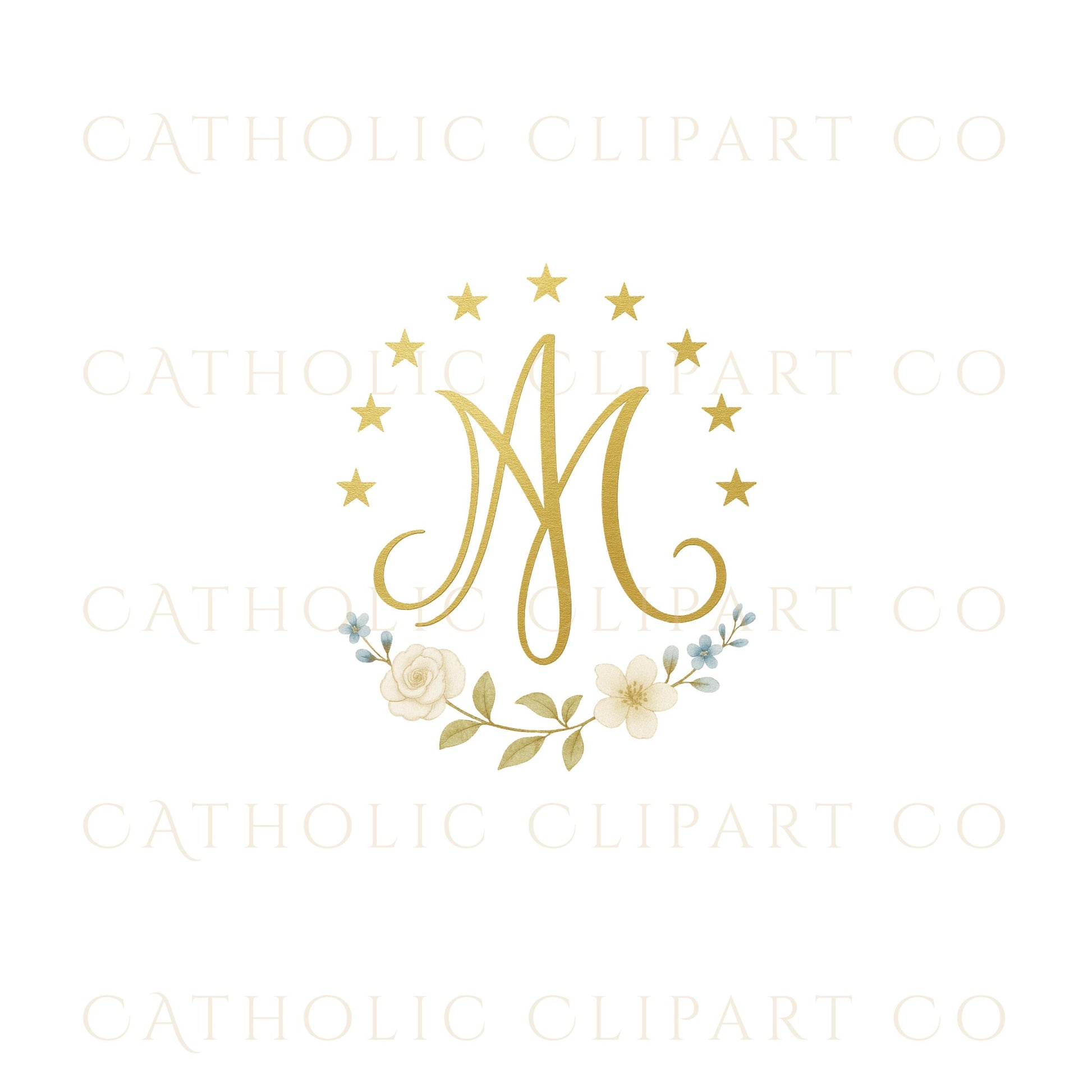 Gold Marian monogram with floral wreath • Monograma mariano dorado con corona floral