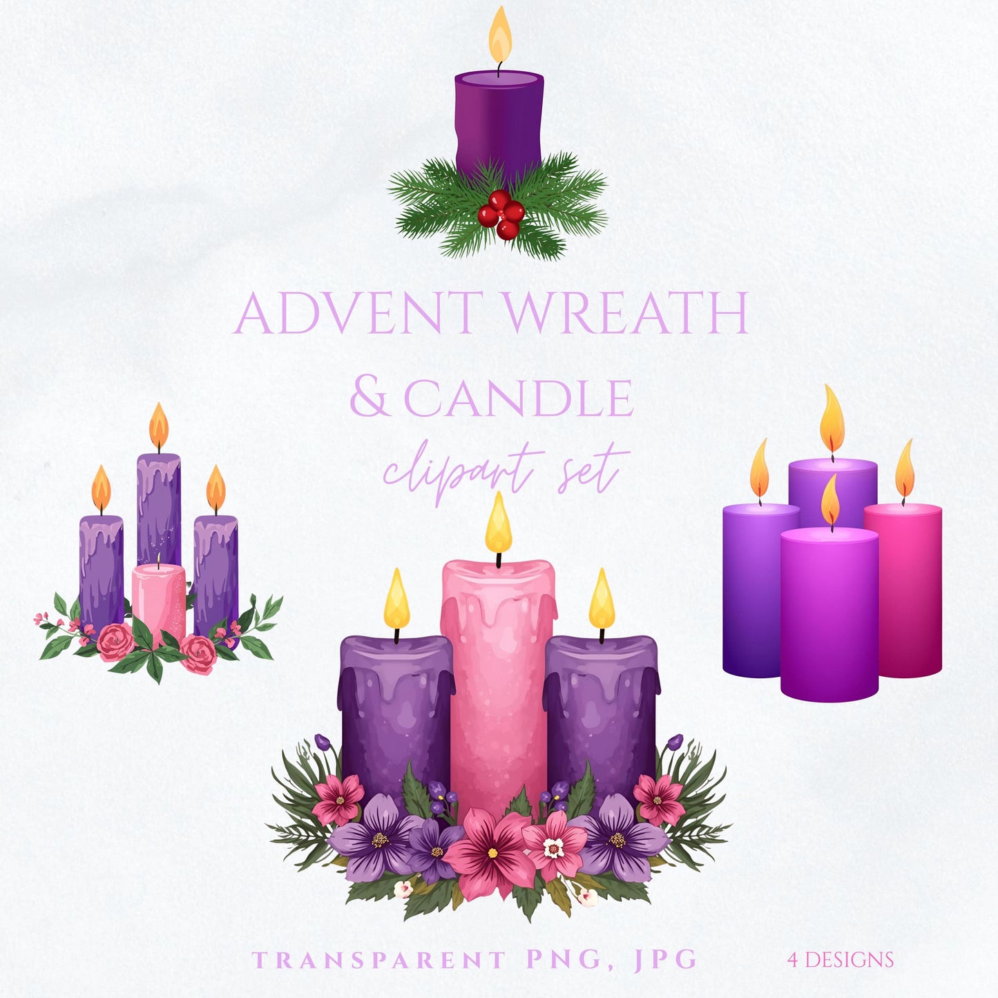 Advent candle clipart with purple and pink candles • Velas de Adviento moradas y rosadas en clipart
