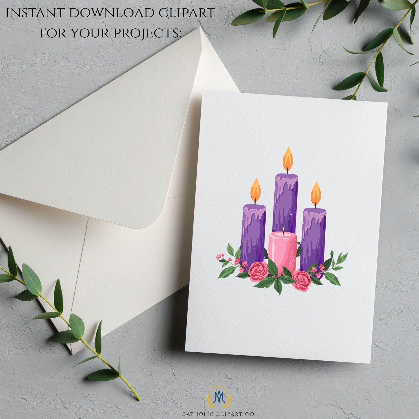 Advent wreath candle trio illustration • Ilustración de tres velas en corona de Adviento