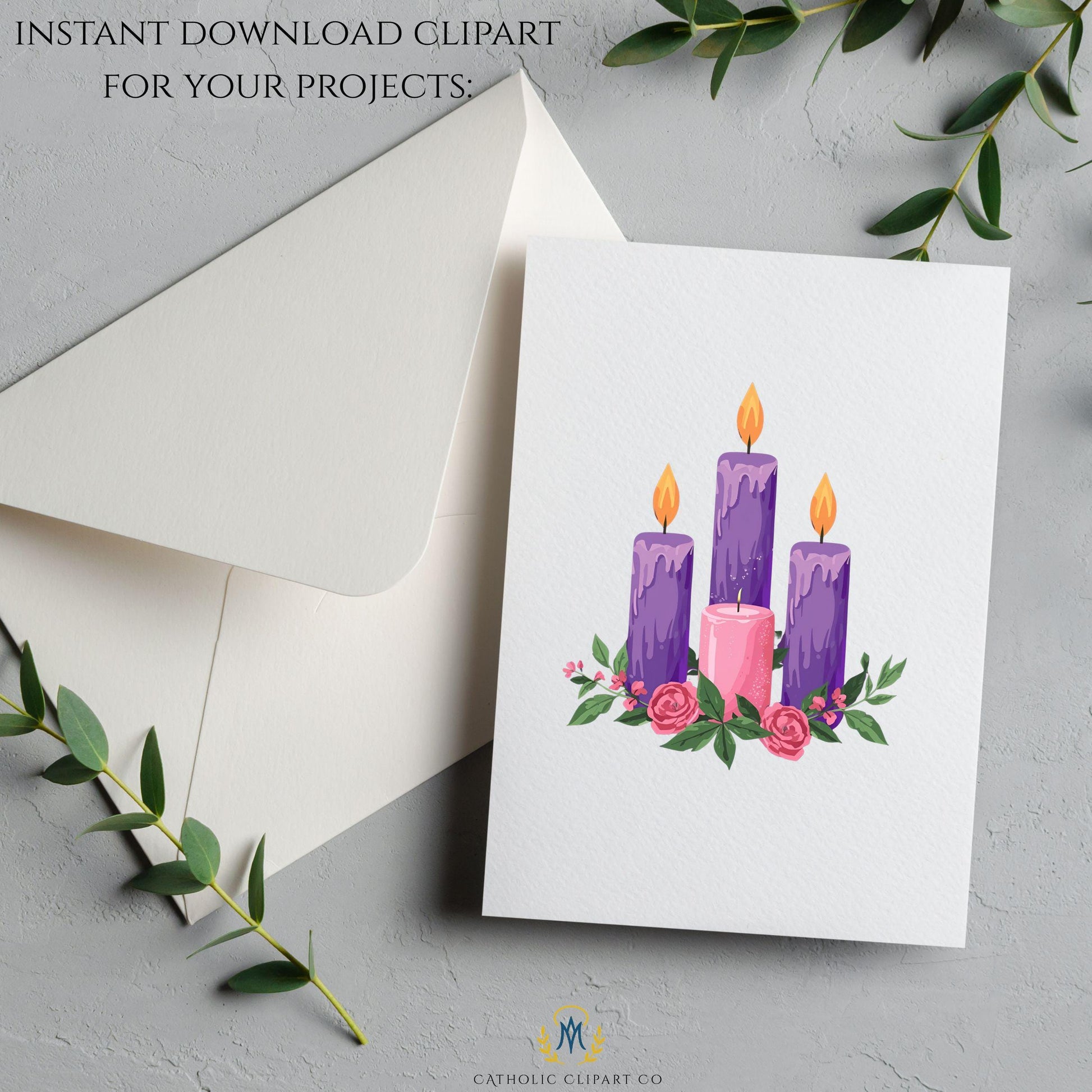 Advent wreath candle trio illustration • Ilustración de tres velas en corona de Adviento