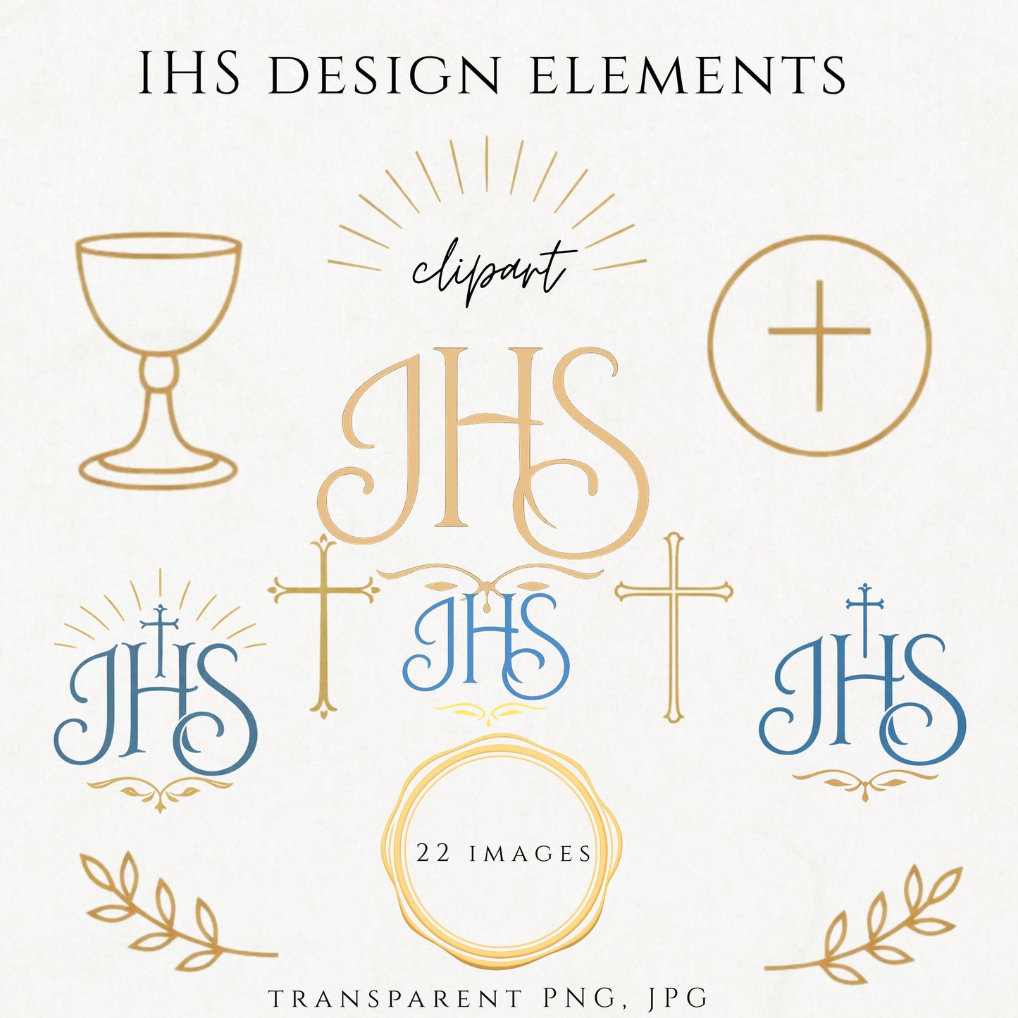 Blue and gold IHS monogram Catholic clipart with elegant script on transparent background / Monograma católico IHS en azul y dorado con tipografía elegante y fondo transparente