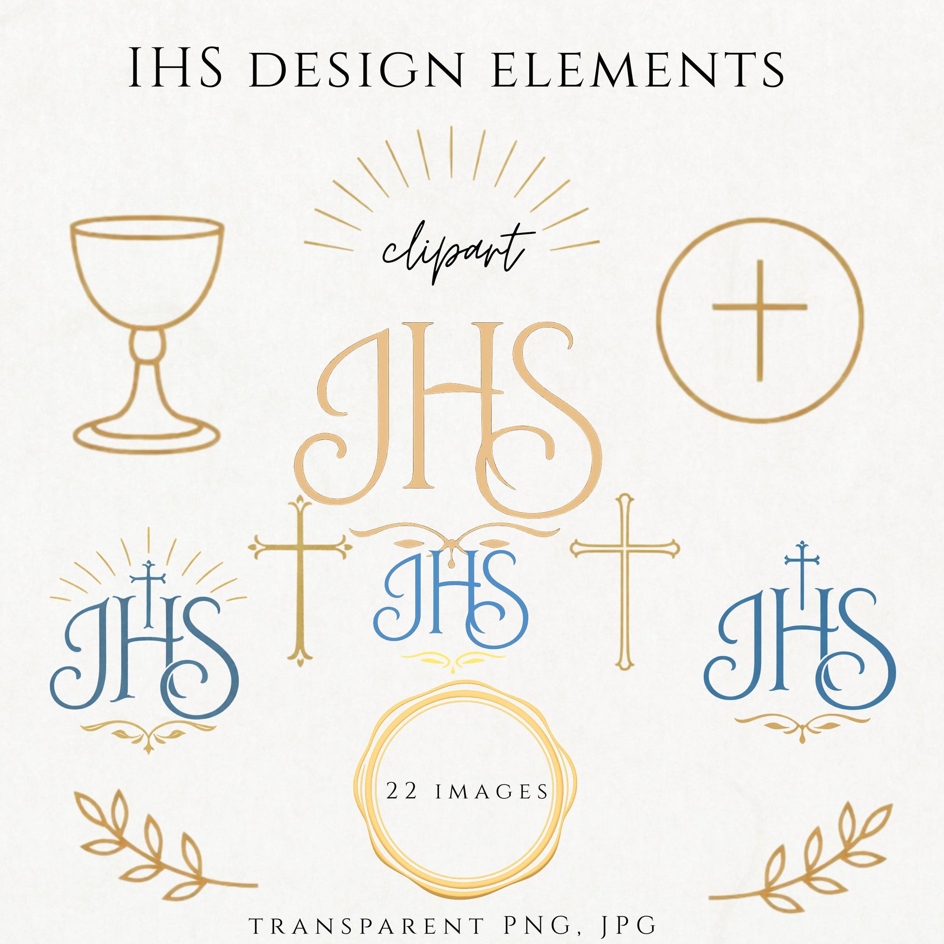 Blue and gold IHS monogram Catholic clipart with elegant script on transparent background / Monograma católico IHS en azul y dorado con tipografía elegante y fondo transparente