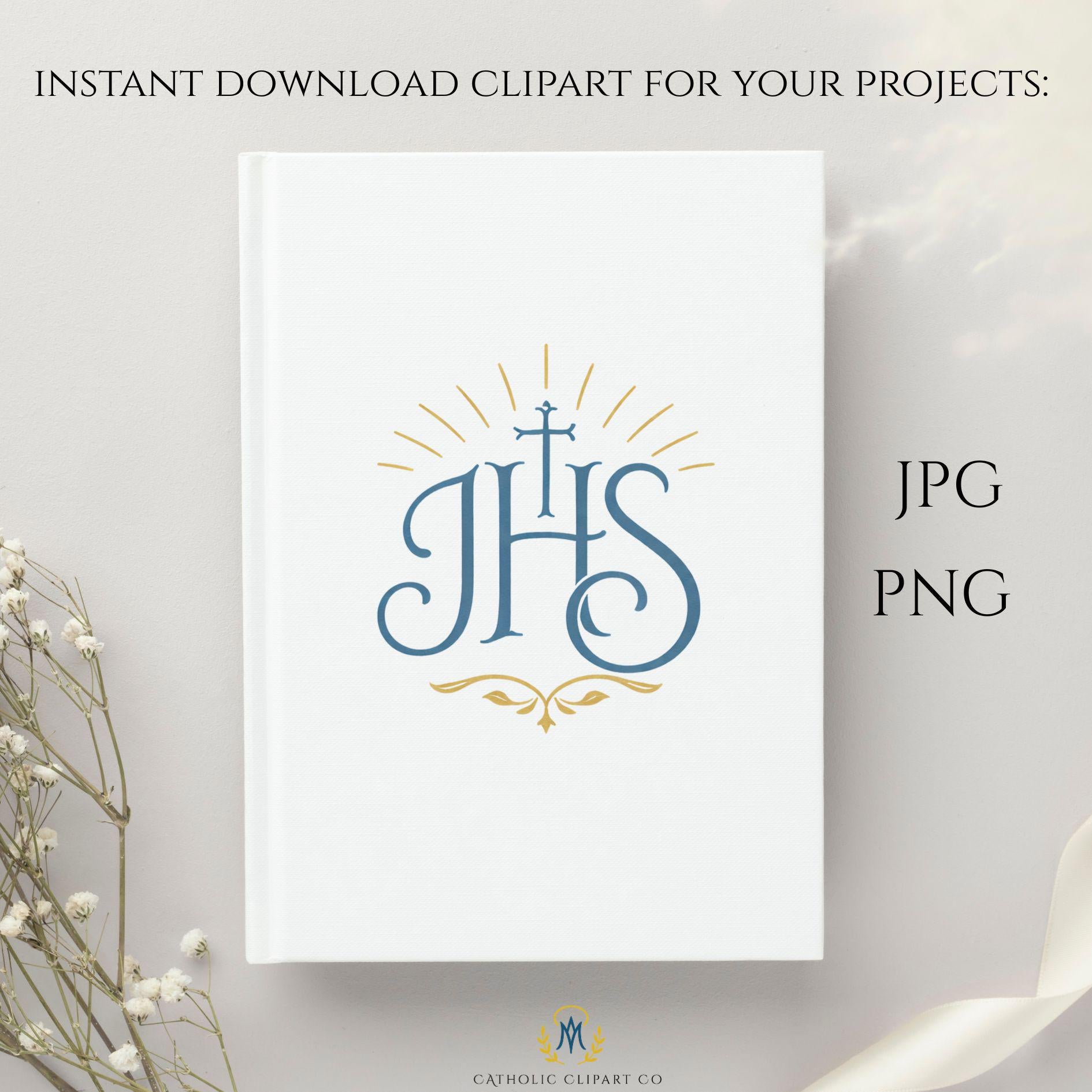 Blue IHS monogram with decorative flourishes Catholic clipart PNG / Monograma IHS azul con adornos decorativos clipart católico PNG