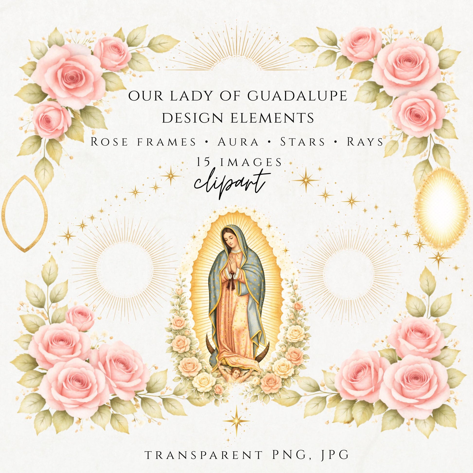 Our Lady of Guadalupe clipart design elements with roses and gold rays | Elementos de diseño de la Virgen de Guadalupe con rosas y rayos dorados