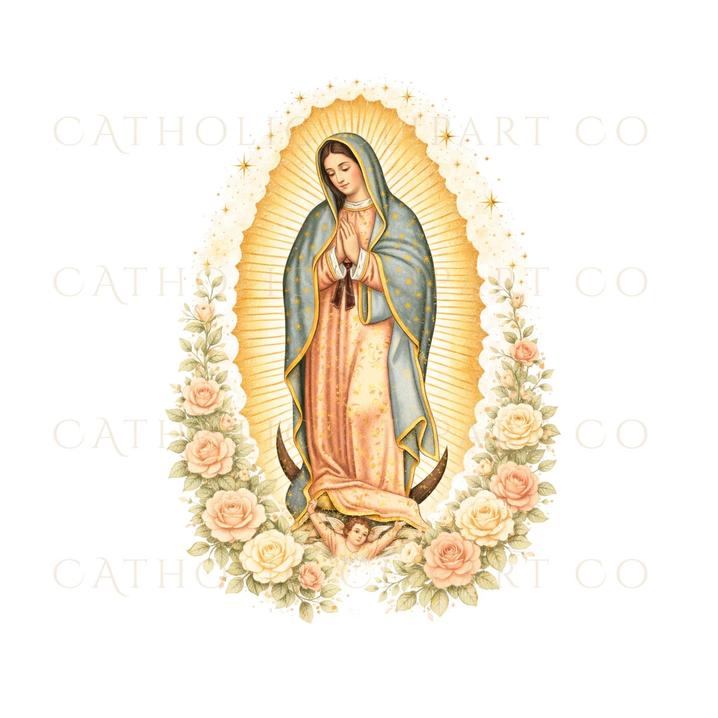 Our Lady of Guadalupe Clipart Set, Catholic Rose Frames, Gold Rays & Stars, Marian Design Elements, Religious PNG JPG