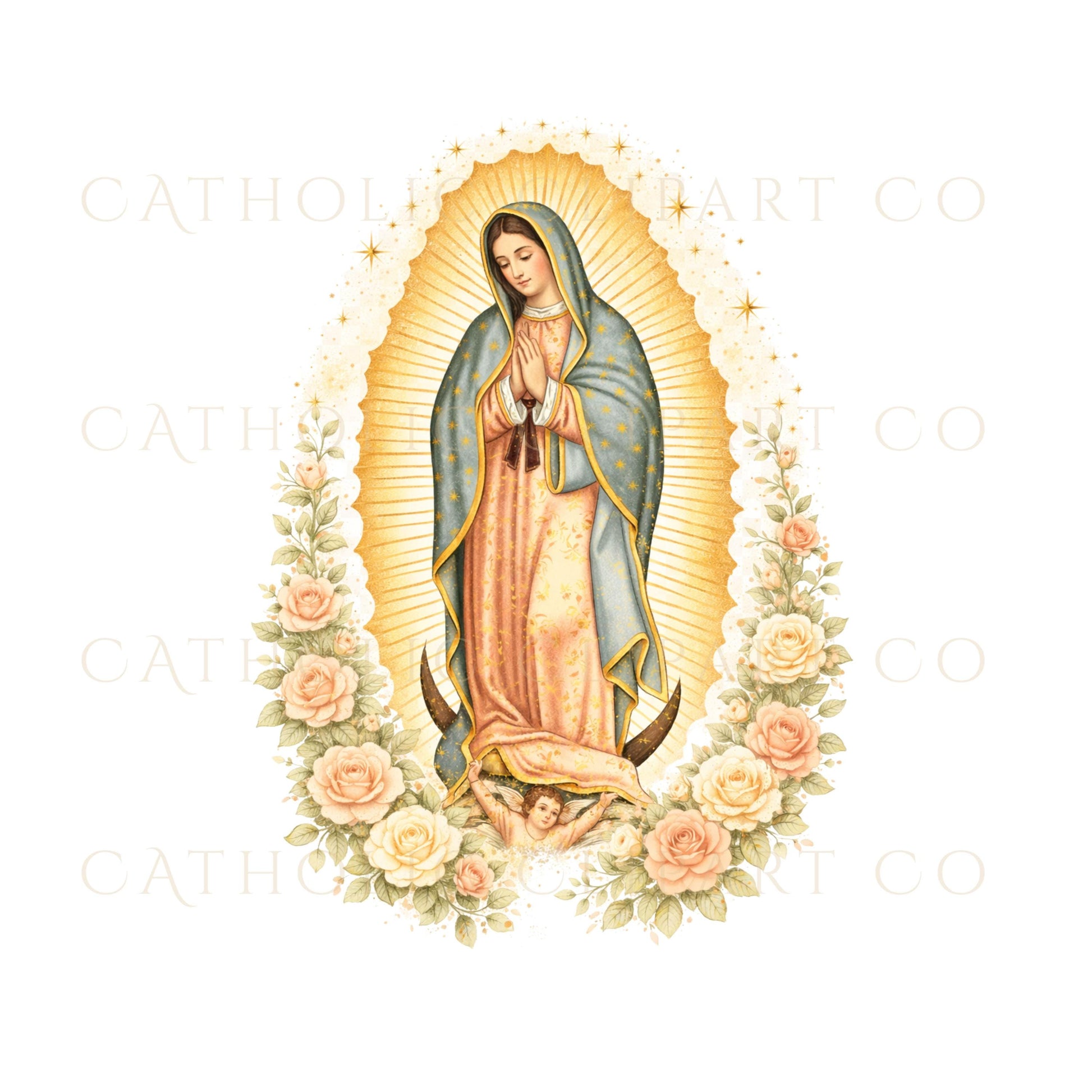 Our Lady of Guadalupe Clipart Set, Catholic Rose Frames, Gold Rays & Stars, Marian Design Elements, Religious PNG JPG