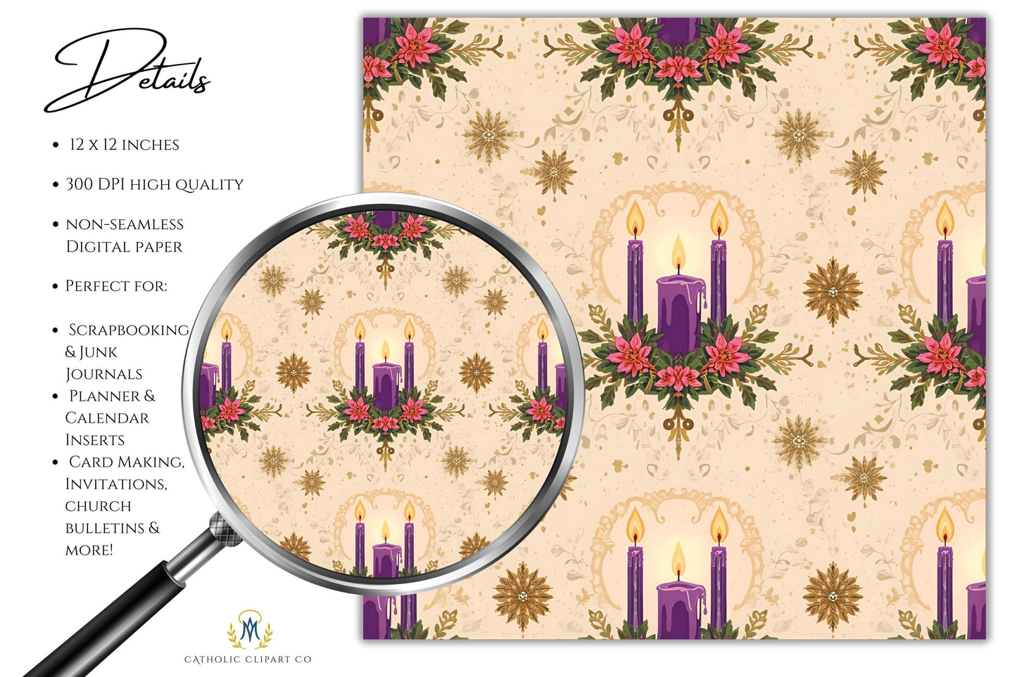 12x12 Christian Christmas digital paper with Advent candles / Papel digital cristiano de Navidad 12x12 con velas de Adviento