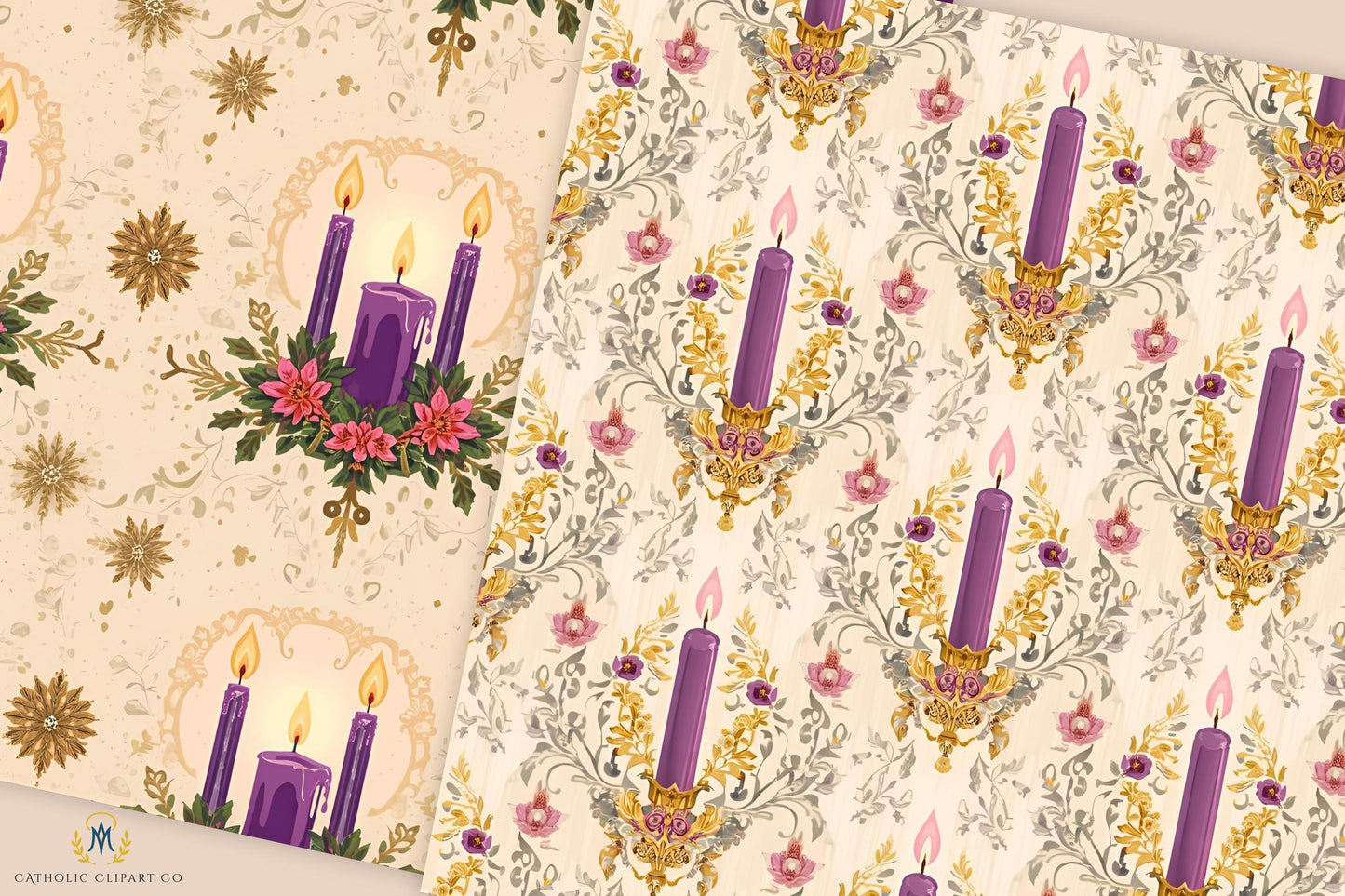 Catholic Advent scrapbook paper with purple candles and gold details / Papel de scrapbooking católico de Adviento con velas moradas y detalles dorados