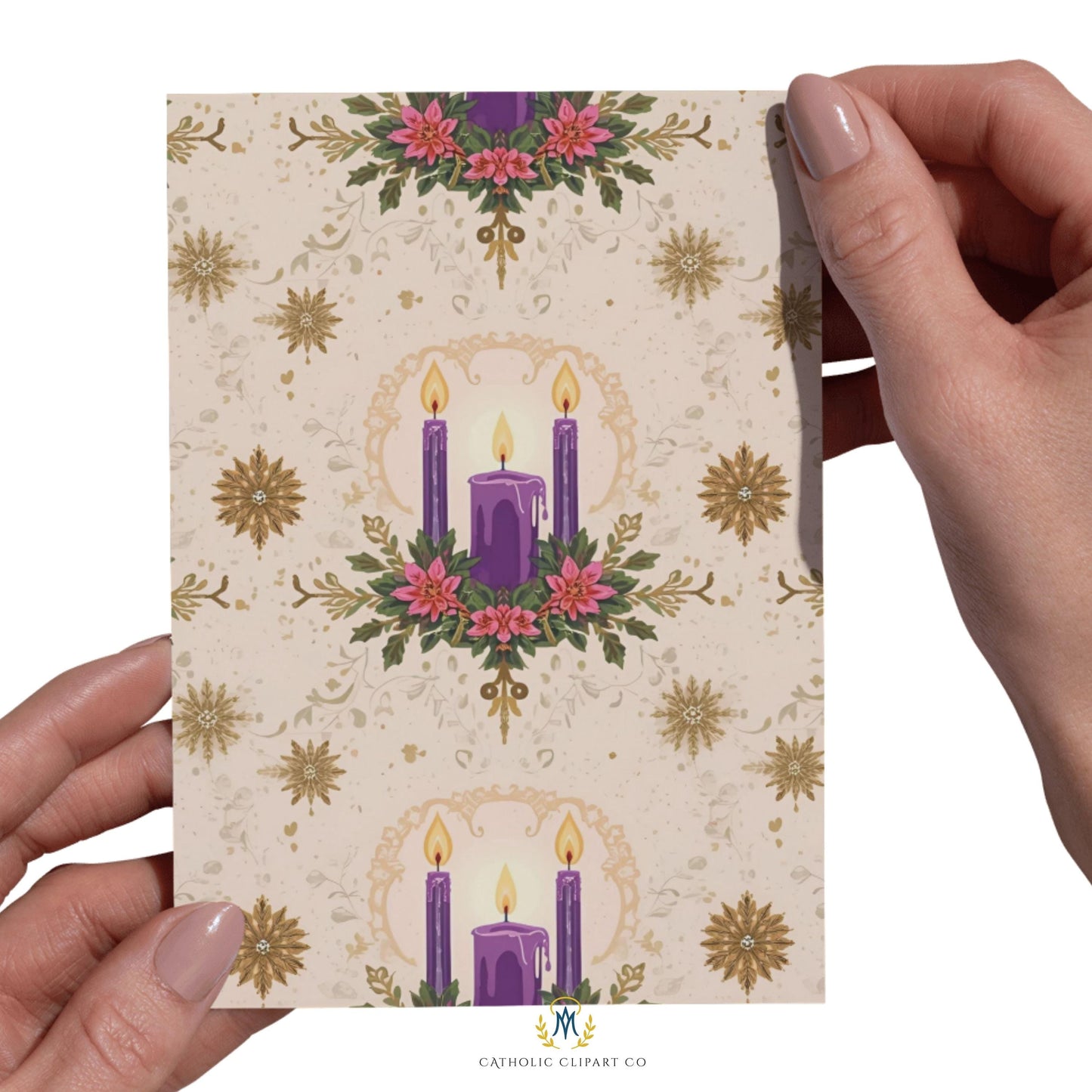 Faith based Christmas digital paper with purple candle design / Papel digital navideño basado en la fe con diseño de velas moradas