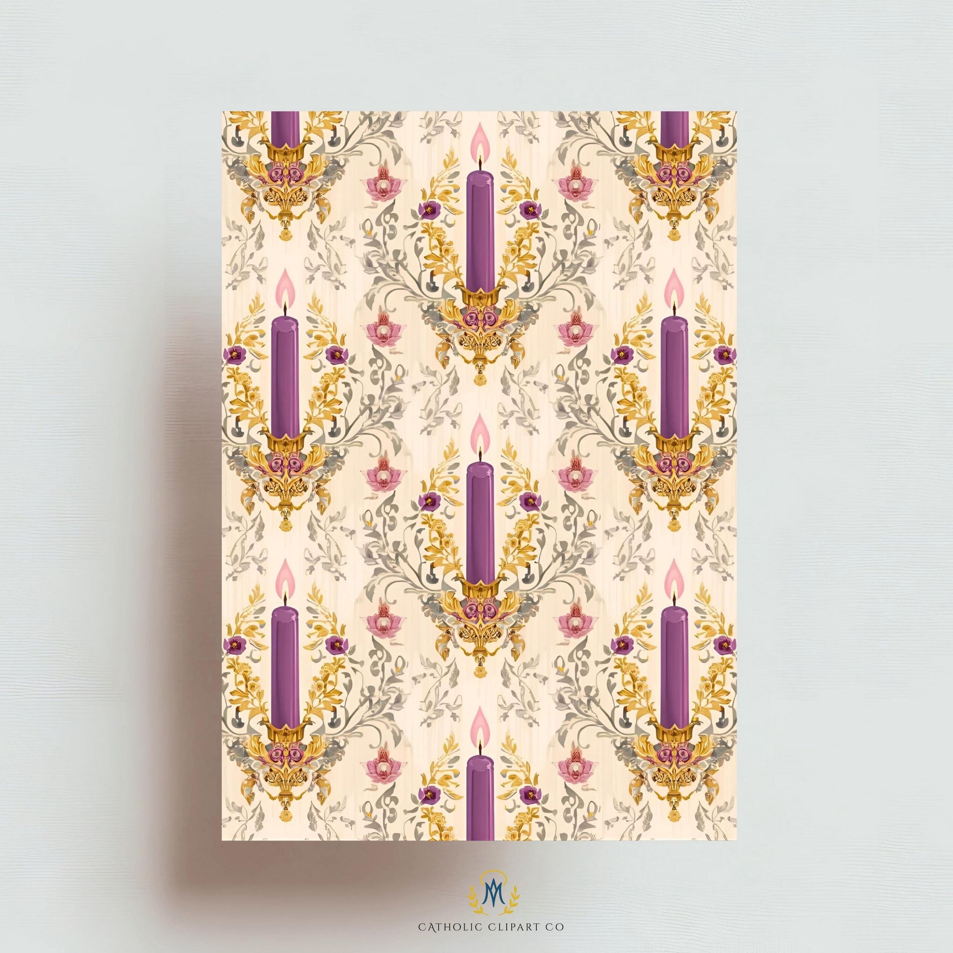 Christian scrapbook paper with floral Advent candle artwork / Papel de scrapbooking cristiano con arte floral de velas de Adviento