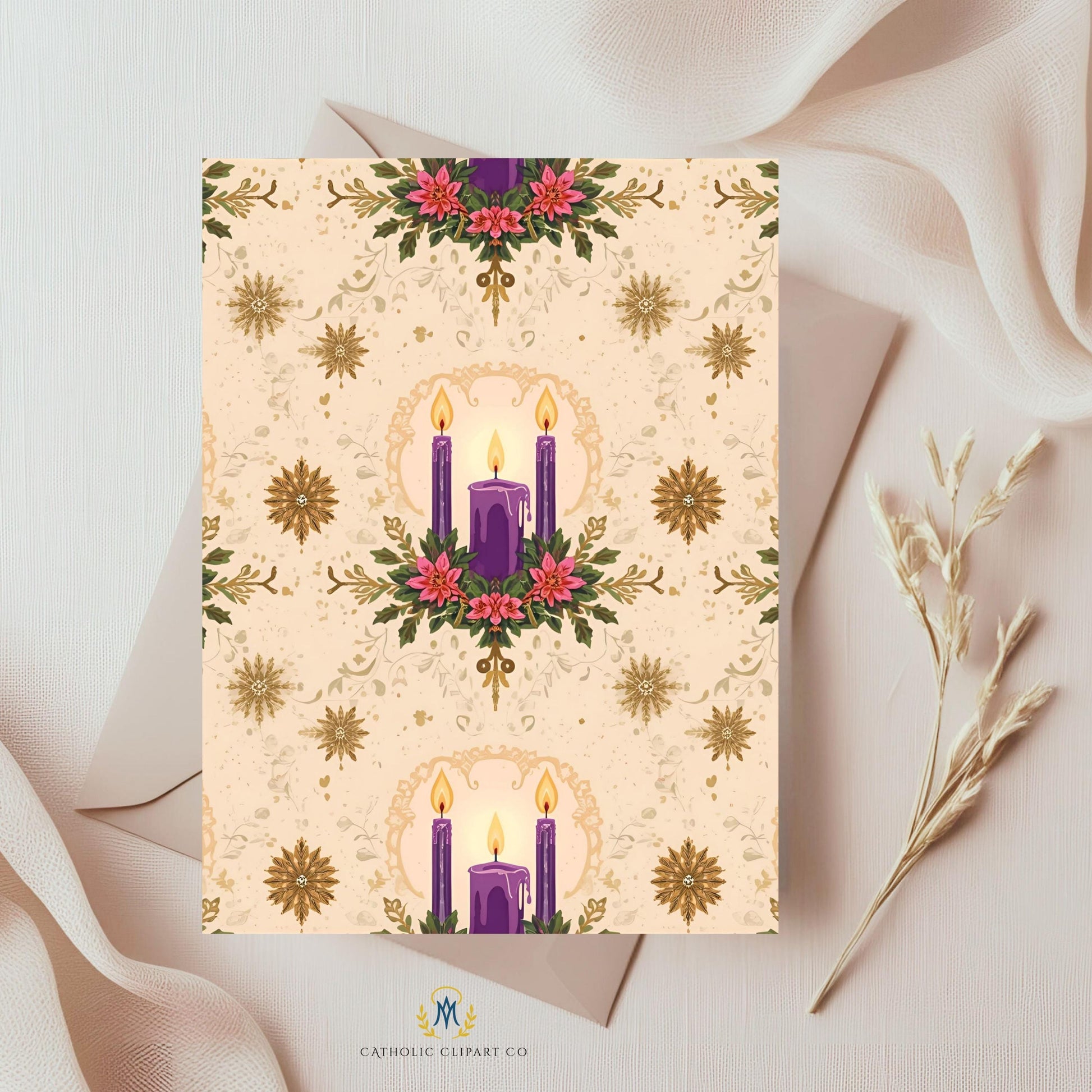 Purple Advent candle Catholic digital paper for faith crafts / Papel digital católico de velas moradas de Adviento para manualidades religiosas