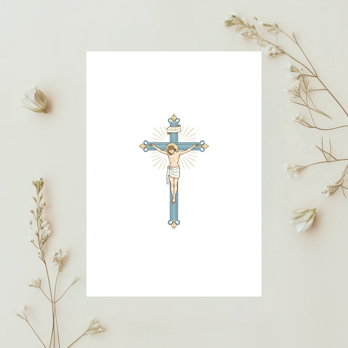Jesus on the cross Catholic crucifix in blue and gold style | Jesús en la cruz crucifijo católico en azul y dorado