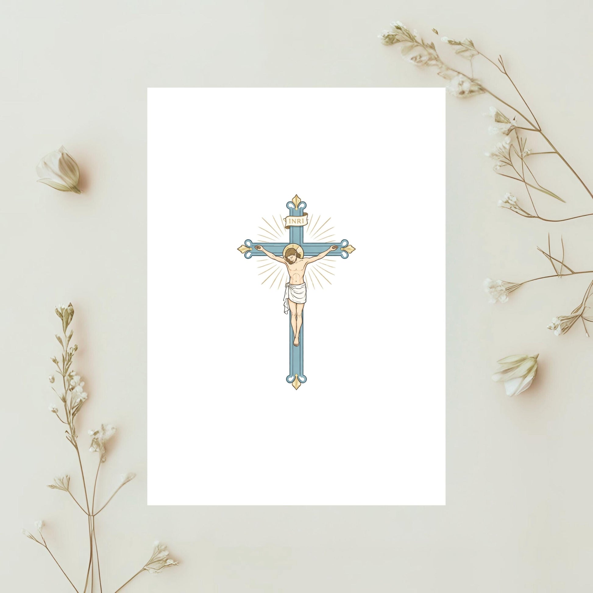Jesus on the cross Catholic crucifix in blue and gold style | Jesús en la cruz crucifijo católico en azul y dorado