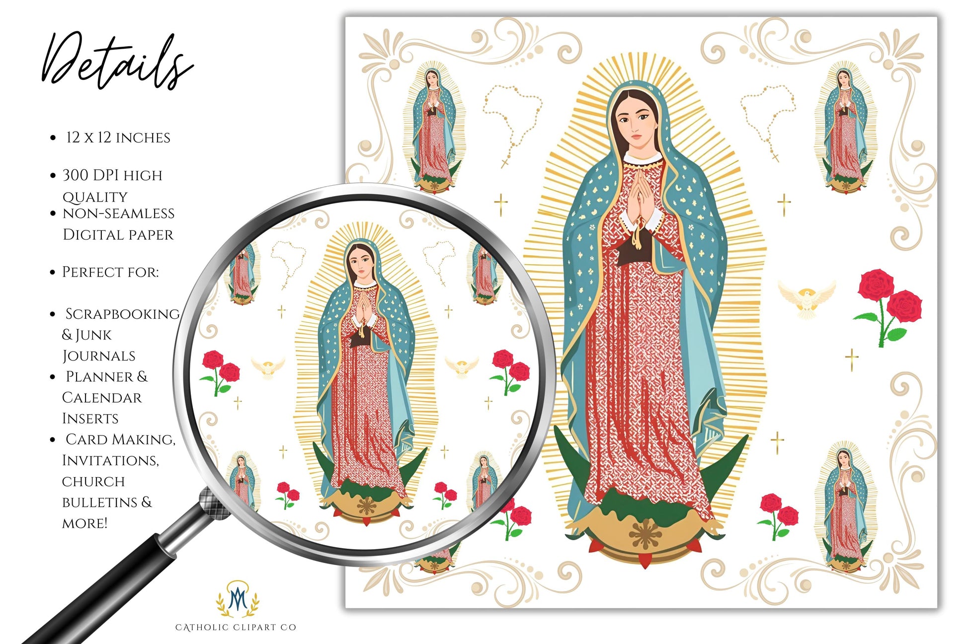 Non seamless Virgin Mary digital scrapbook paper – Papel digital no repetitivo de la Virgen María para scrapbook