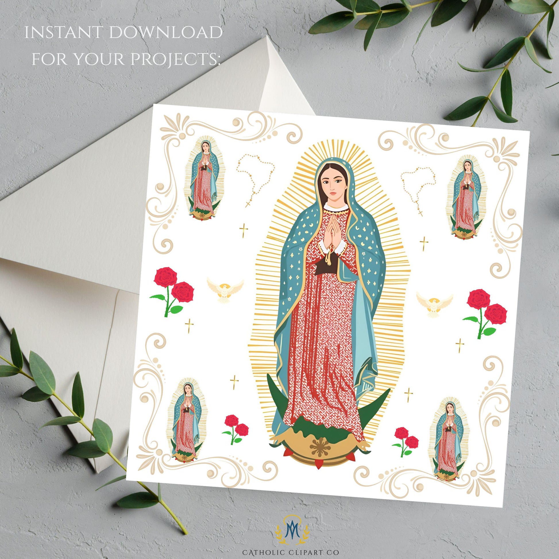 Guadalupe devotional digital paper with doves and roses – Papel digital devocional de la Virgen de Guadalupe con palomas y rosas