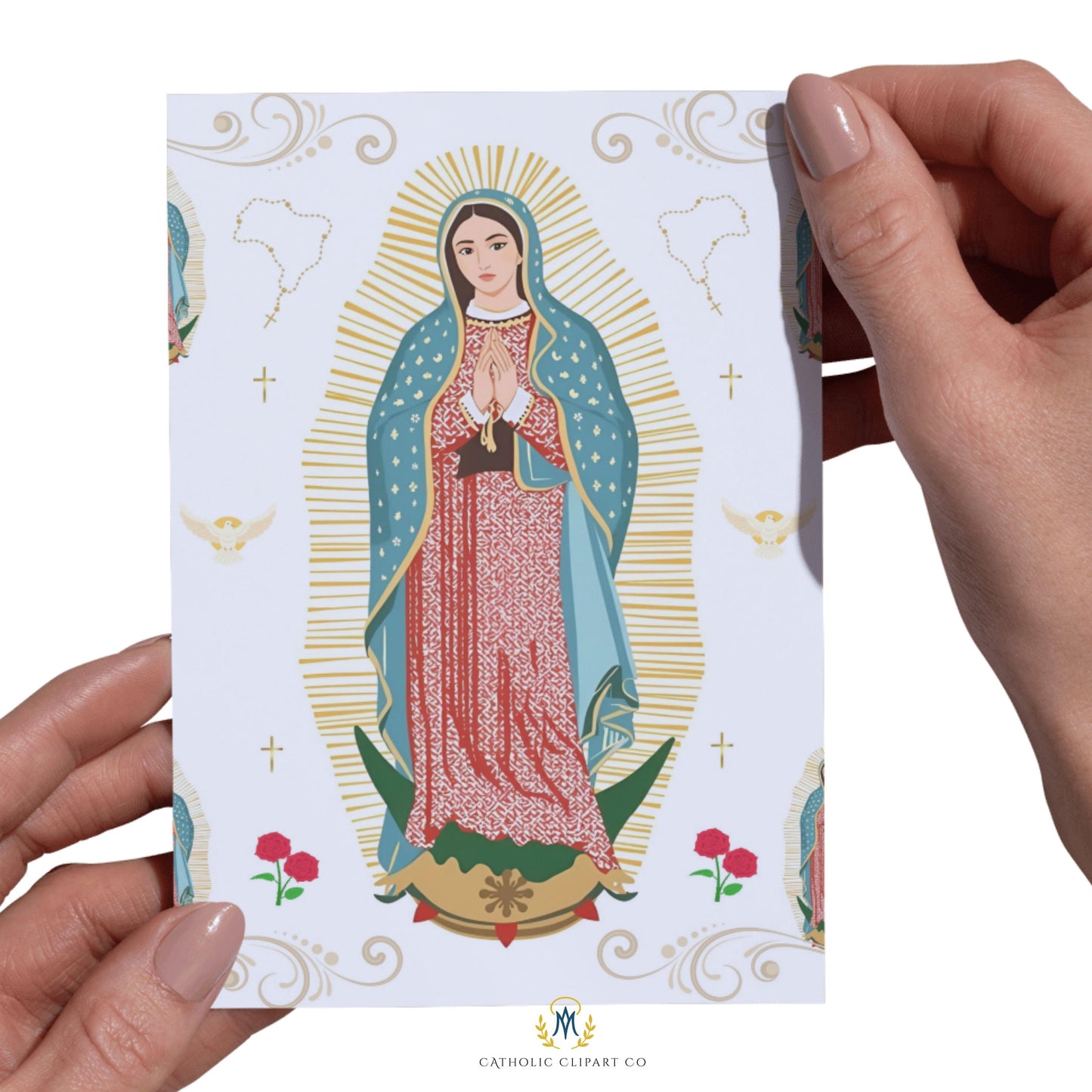 Religious scrapbook background with Virgin Mary and rosary – Fondo de scrapbook religioso con la Virgen María y rosario