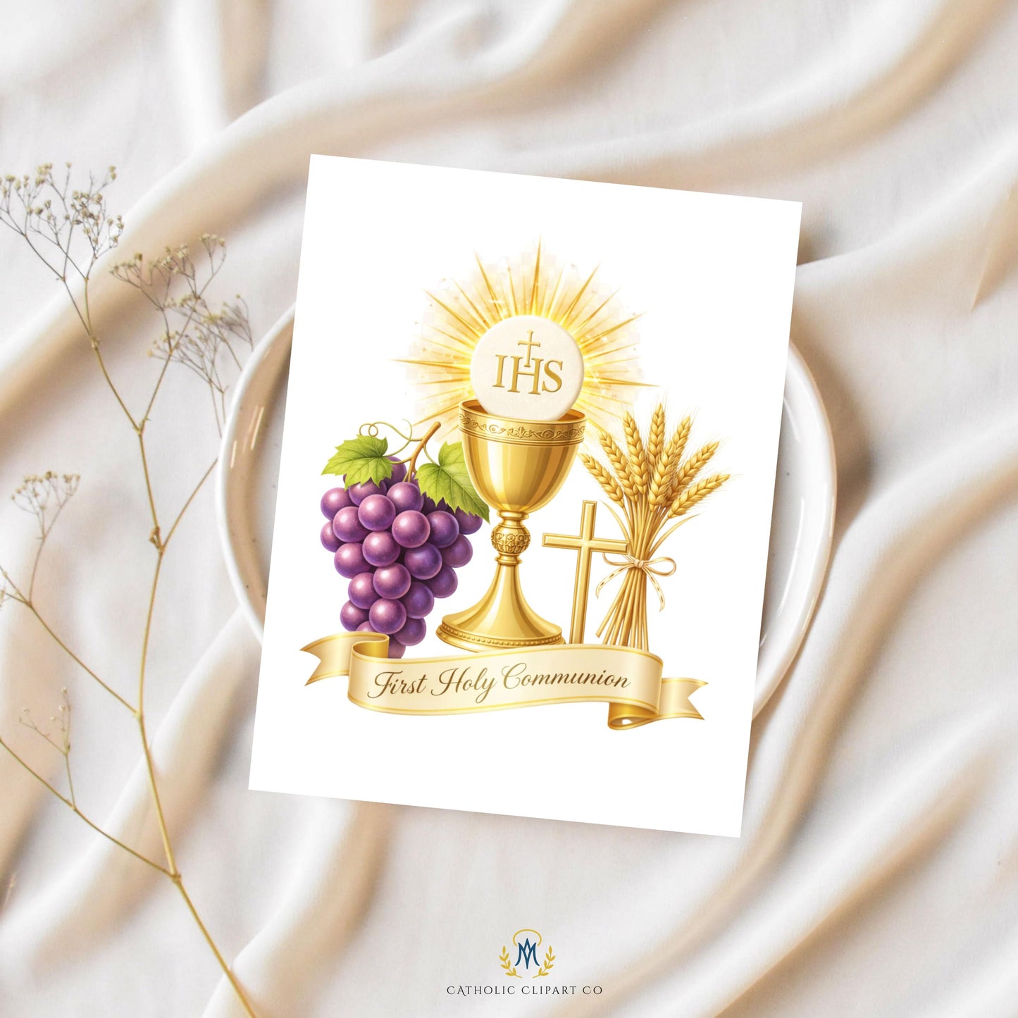 First Holy Communion crest with script text — Escudo de Primera Comunión con texto manuscrito