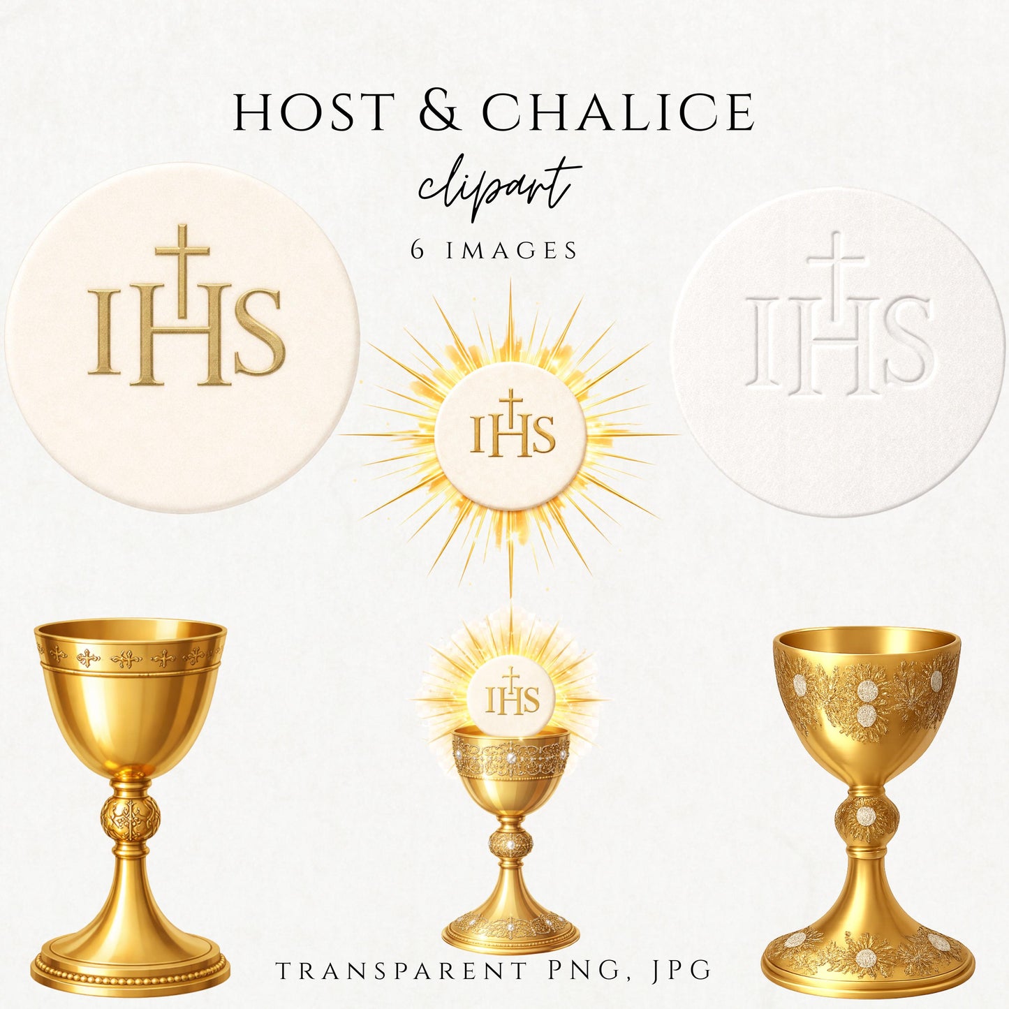 Catholic First Holy Communion clipart featuring gold chalice and sacred host with IHS monogram
Clipart católico de Primera Comunión con cáliz dorado y hostia sagrada con monograma IHS