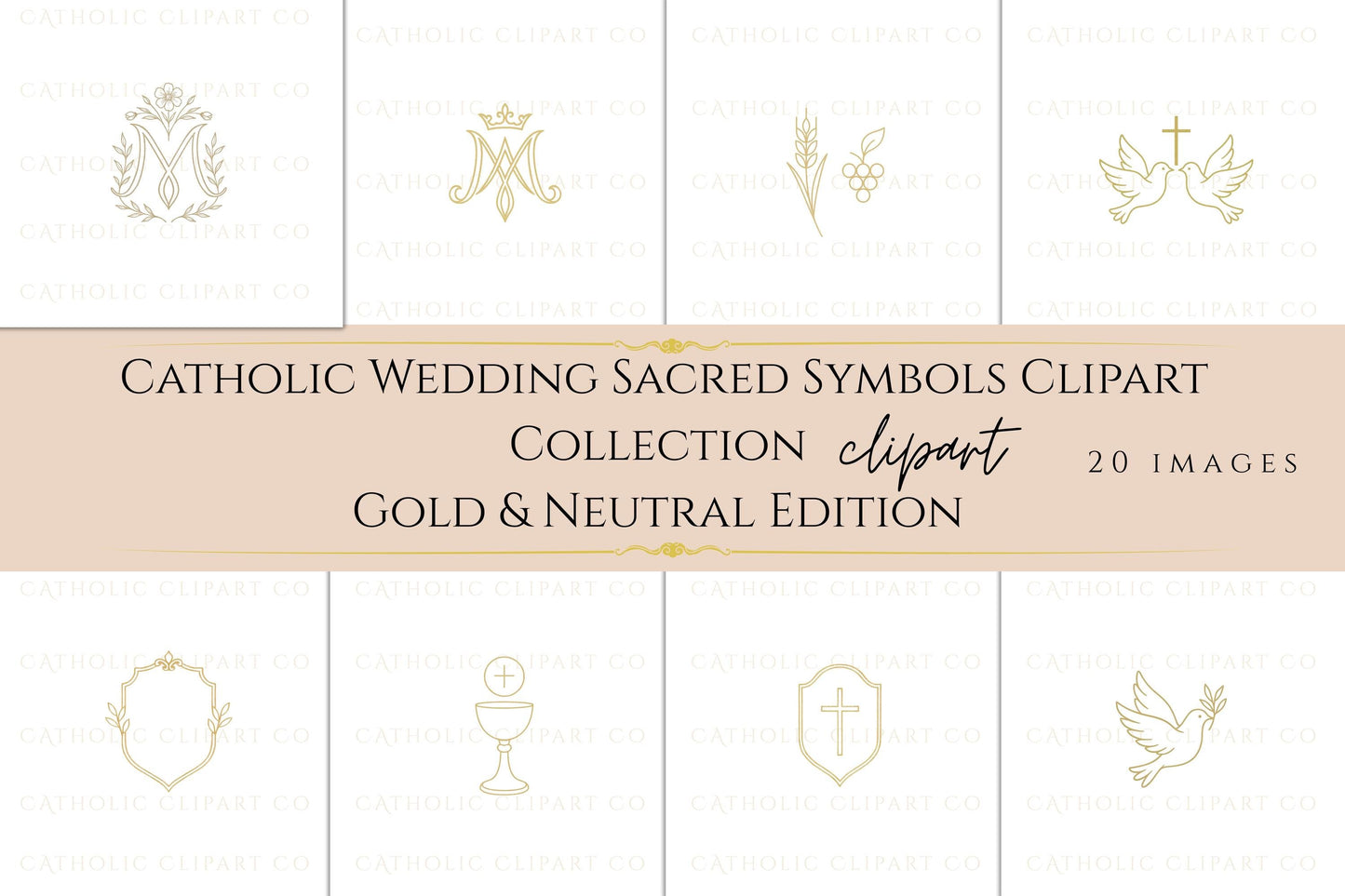Floral Marian monogram with soft gold flowers • Monograma mariano floral con flores doradas suaves