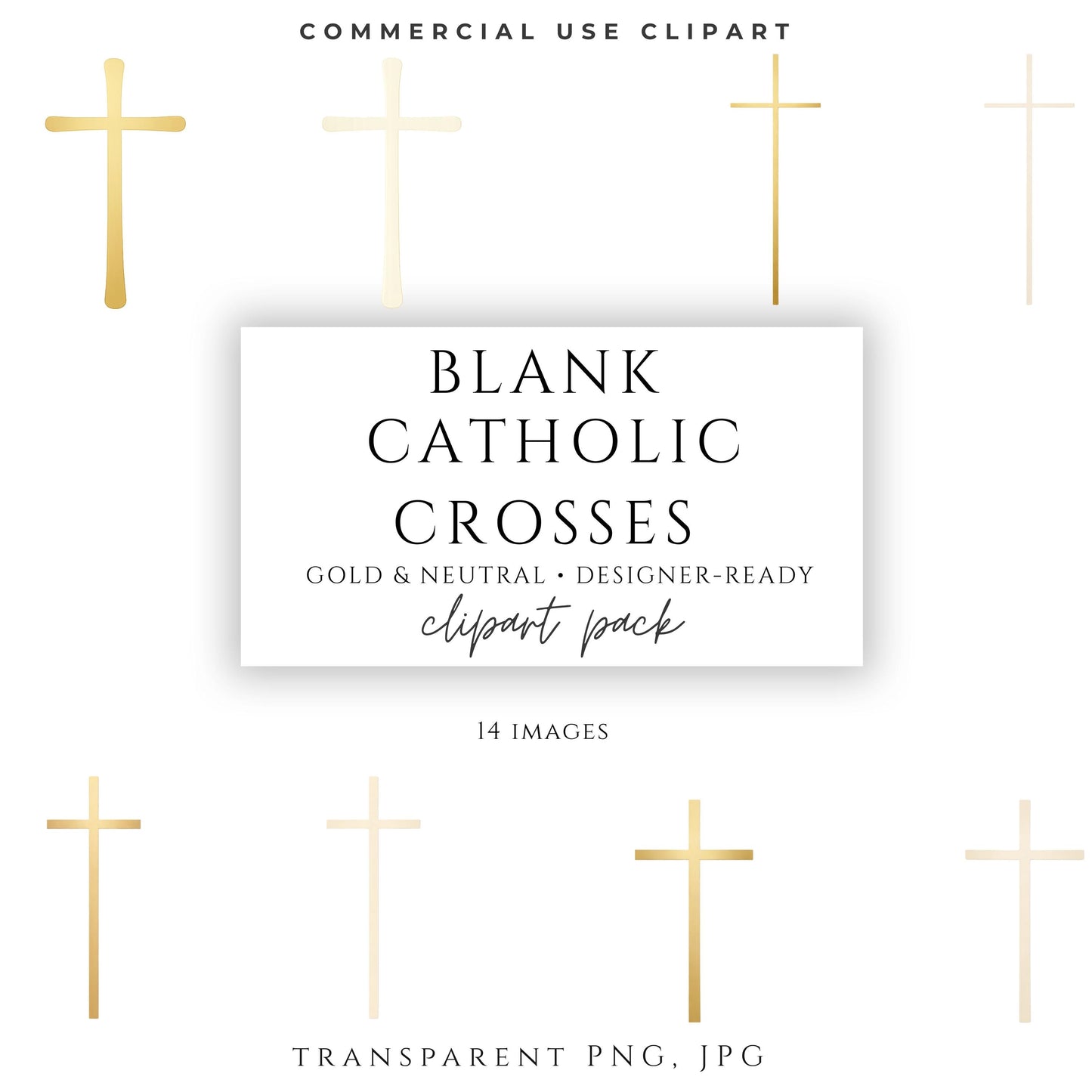Blank Catholic cross clipart set in gold and neutral tones on ivory background
Set de clipart de cruces católicas en blanco en tonos dorado y neutro sobre fondo marfil