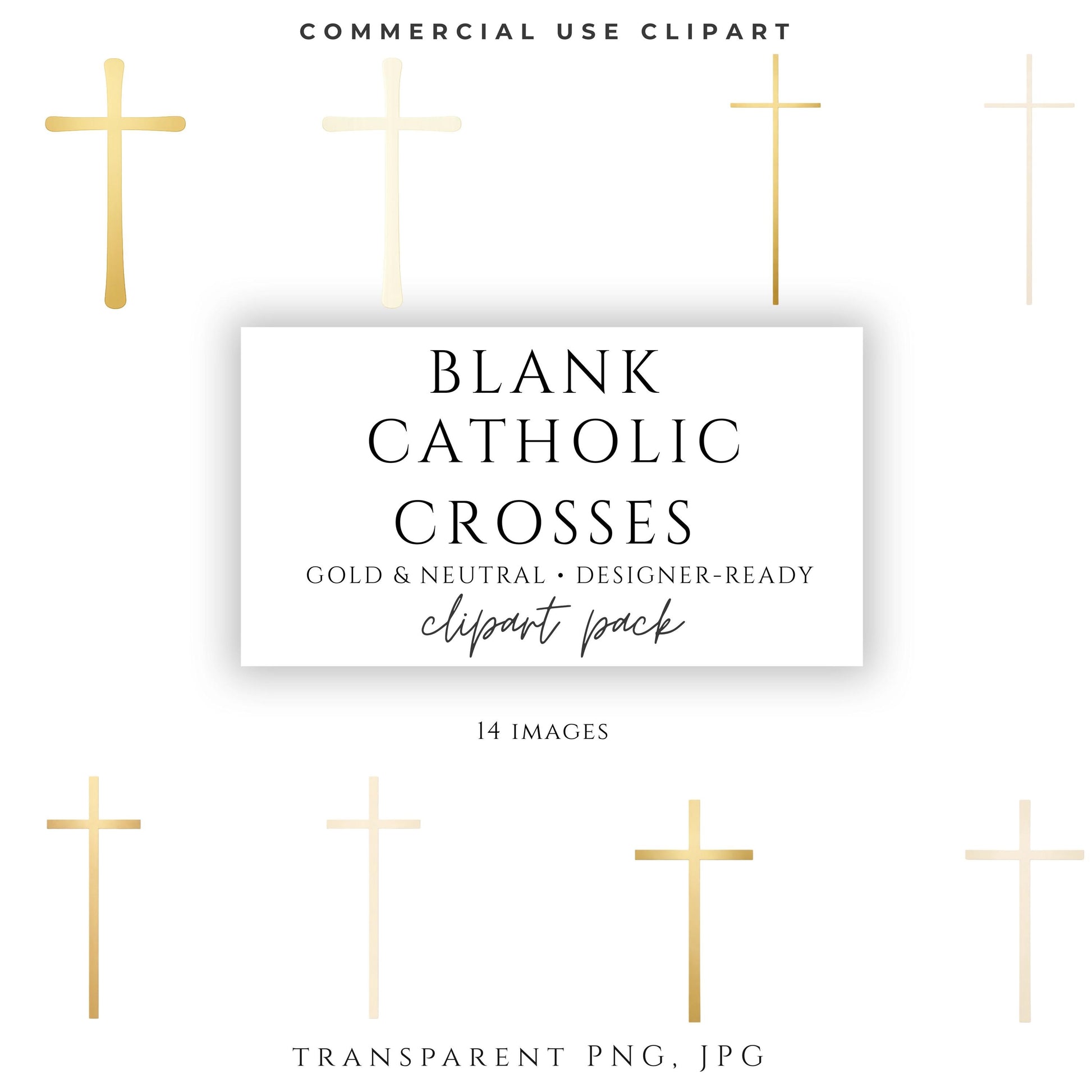 Blank Catholic cross clipart set in gold and neutral tones on ivory background
Set de clipart de cruces católicas en blanco en tonos dorado y neutro sobre fondo marfil