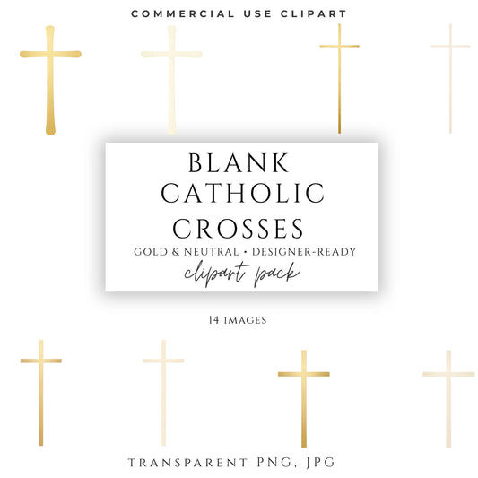 Blank Catholic cross clipart set in gold and neutral tones on ivory background
Set de clipart de cruces católicas en blanco en tonos dorado y neutro sobre fondo marfil