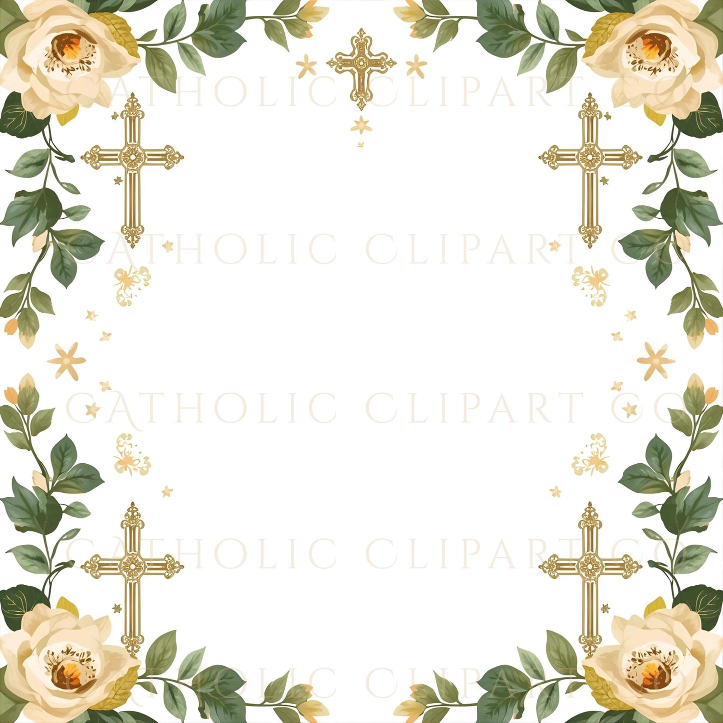 Catholic scrapbook paper with elegant rose border and gold cross detail / Papel de scrapbook católico con elegante borde de rosas y detalle de cruz dorada