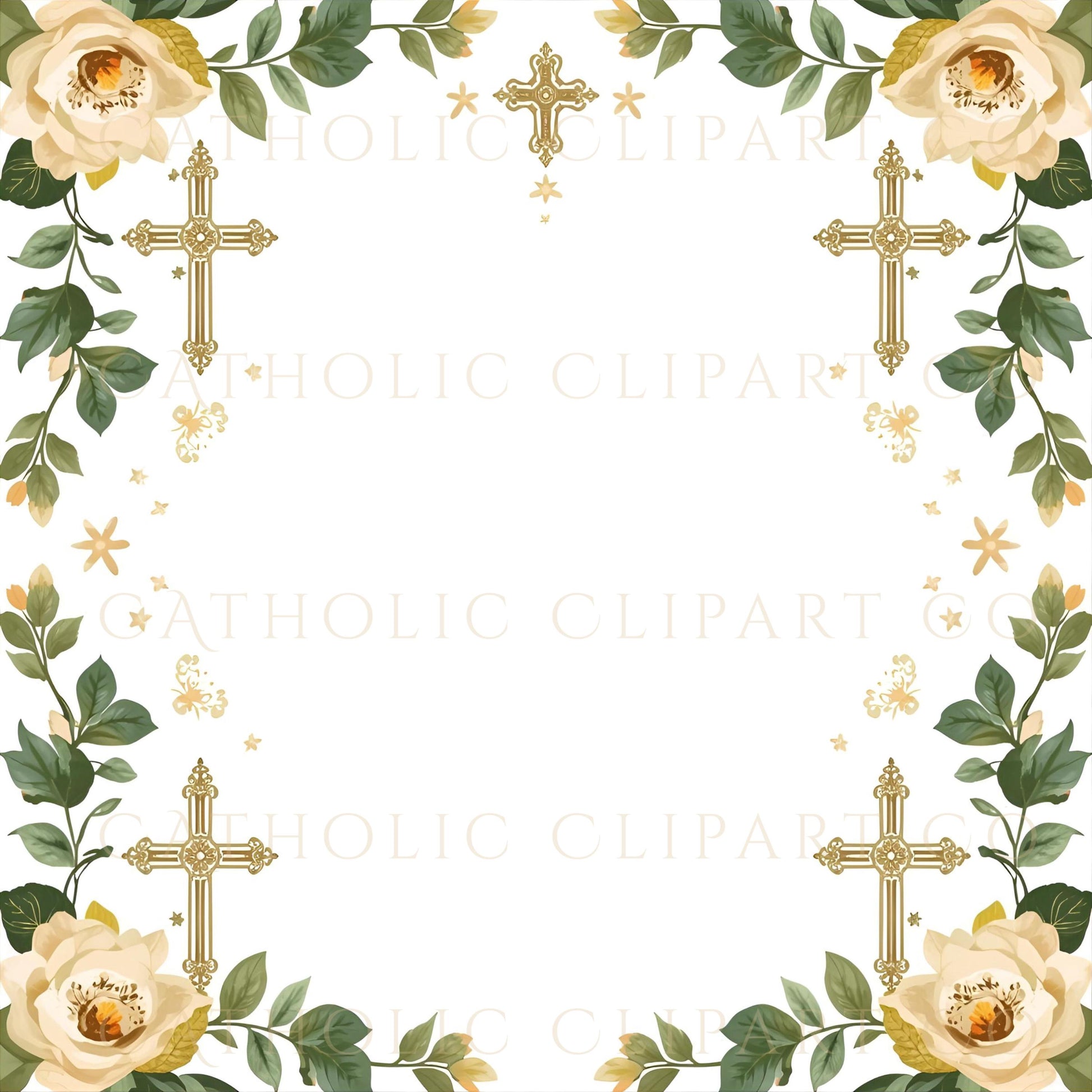 Catholic scrapbook paper with elegant rose border and gold cross detail / Papel de scrapbook católico con elegante borde de rosas y detalle de cruz dorada