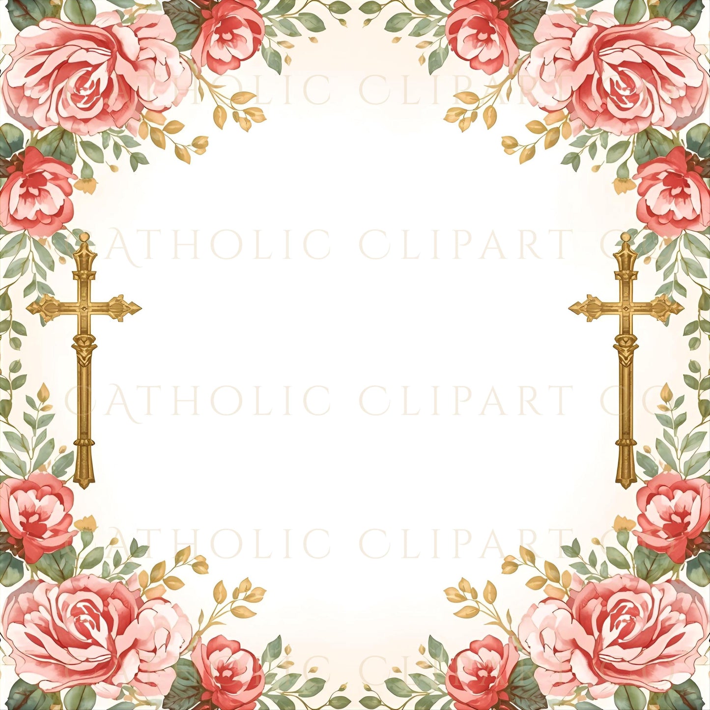 Catholic floral frame digital paper shown in scrapbook layout mockup / Papel digital católico con marco floral mostrado en mockup de scrapbook