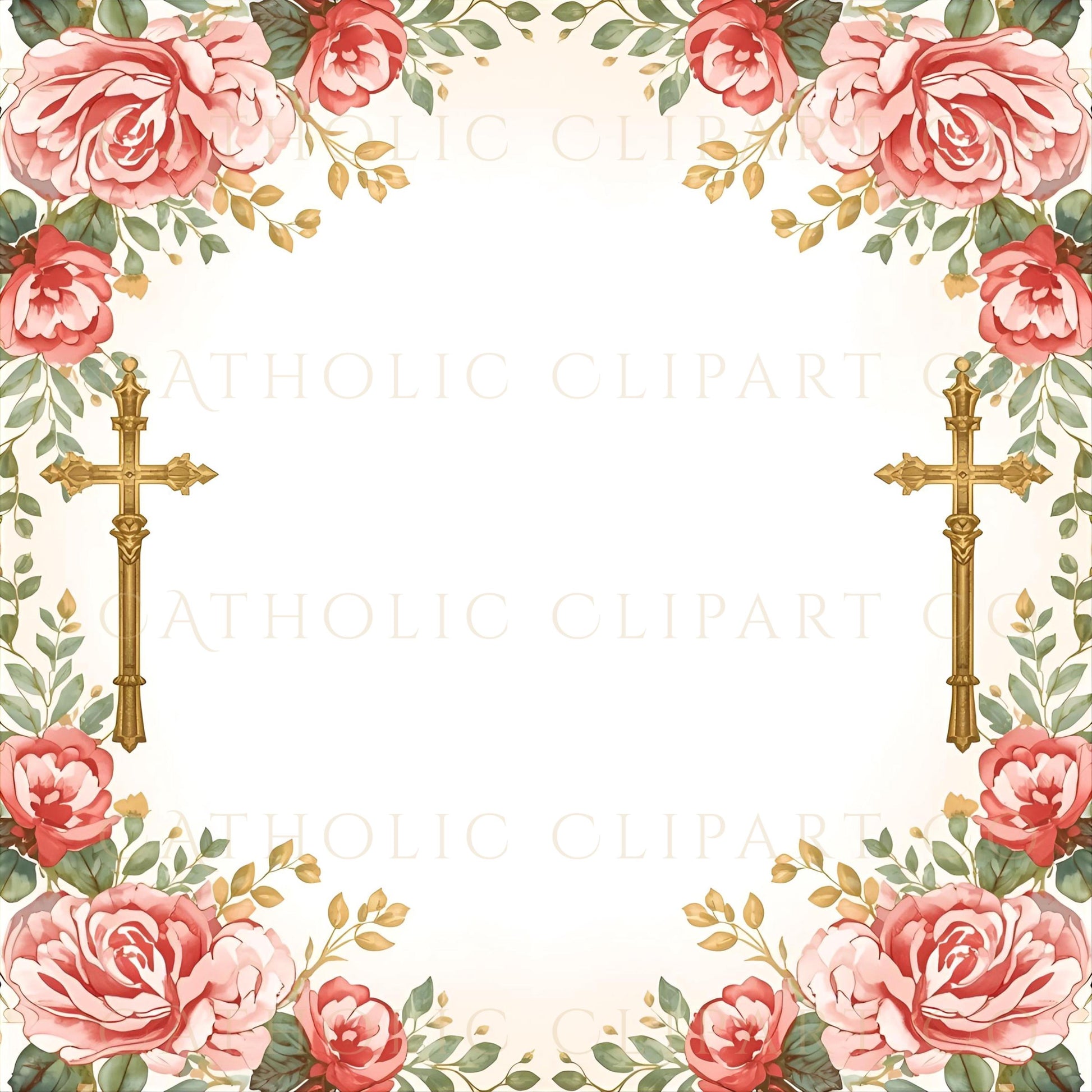 Catholic floral frame digital paper shown in scrapbook layout mockup / Papel digital católico con marco floral mostrado en mockup de scrapbook