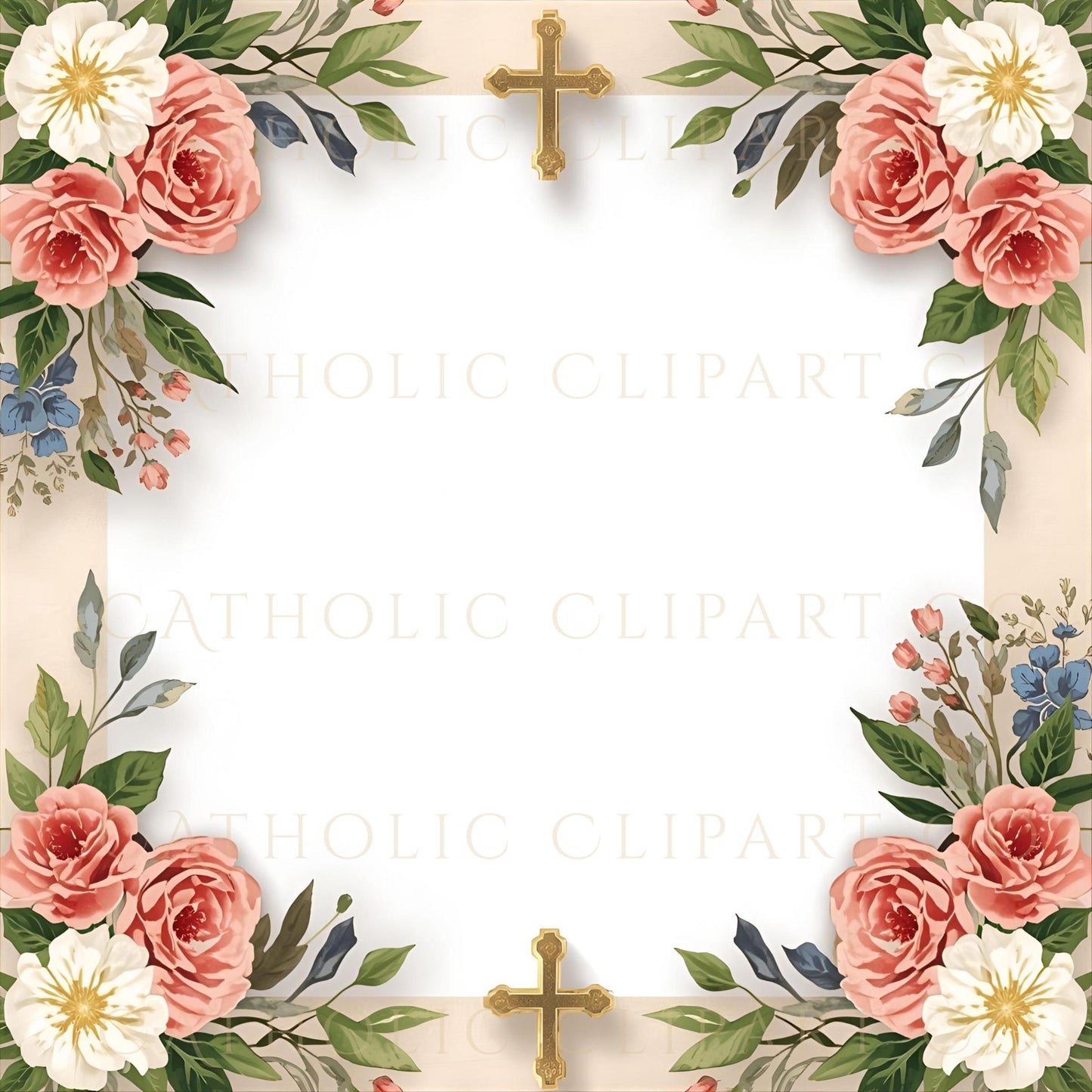 Faith inspired digital paper with floral cross frame for religious crafts / Papel digital inspirado en la fe con marco floral y cruz para manualidades religiosas