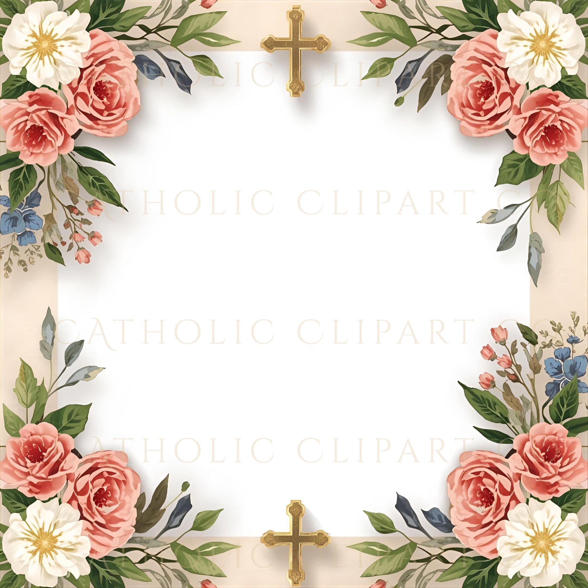 Faith inspired digital paper with floral cross frame for religious crafts / Papel digital inspirado en la fe con marco floral y cruz para manualidades religiosas