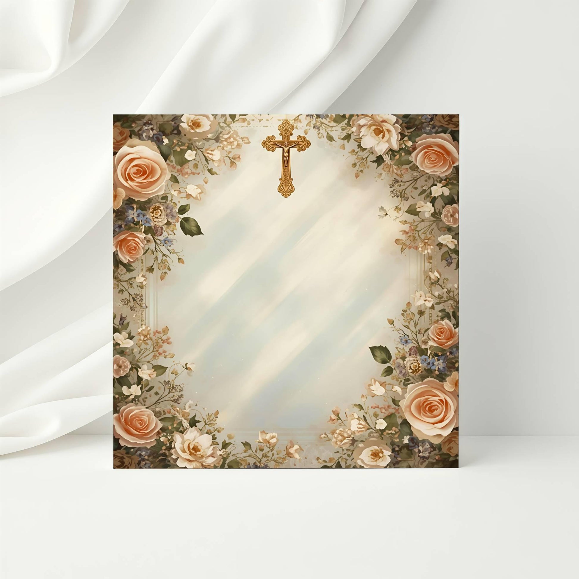 Vintage religious scrapbook paper with roses and Catholic cross frame / Papel de scrapbook religioso vintage con rosas y marco de cruz católica