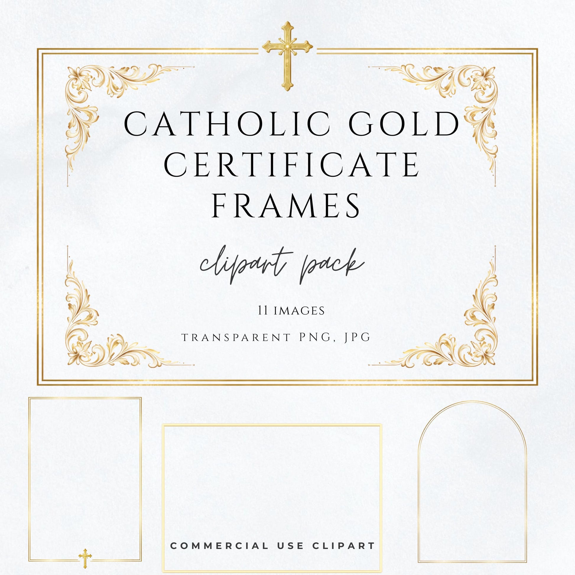 Catholic gold certificate frame clipart with elegant gold foil corners and small cross, transparent PNG | Marco de certificado católico en dorado con esquinas elegantes y pequeña cruz, PNG transparente