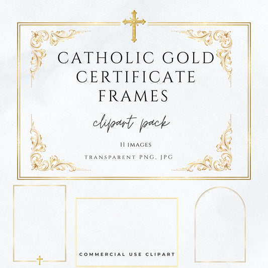 Catholic gold certificate frame clipart with elegant gold foil corners and small cross, transparent PNG | Marco de certificado católico en dorado con esquinas elegantes y pequeña cruz, PNG transparente