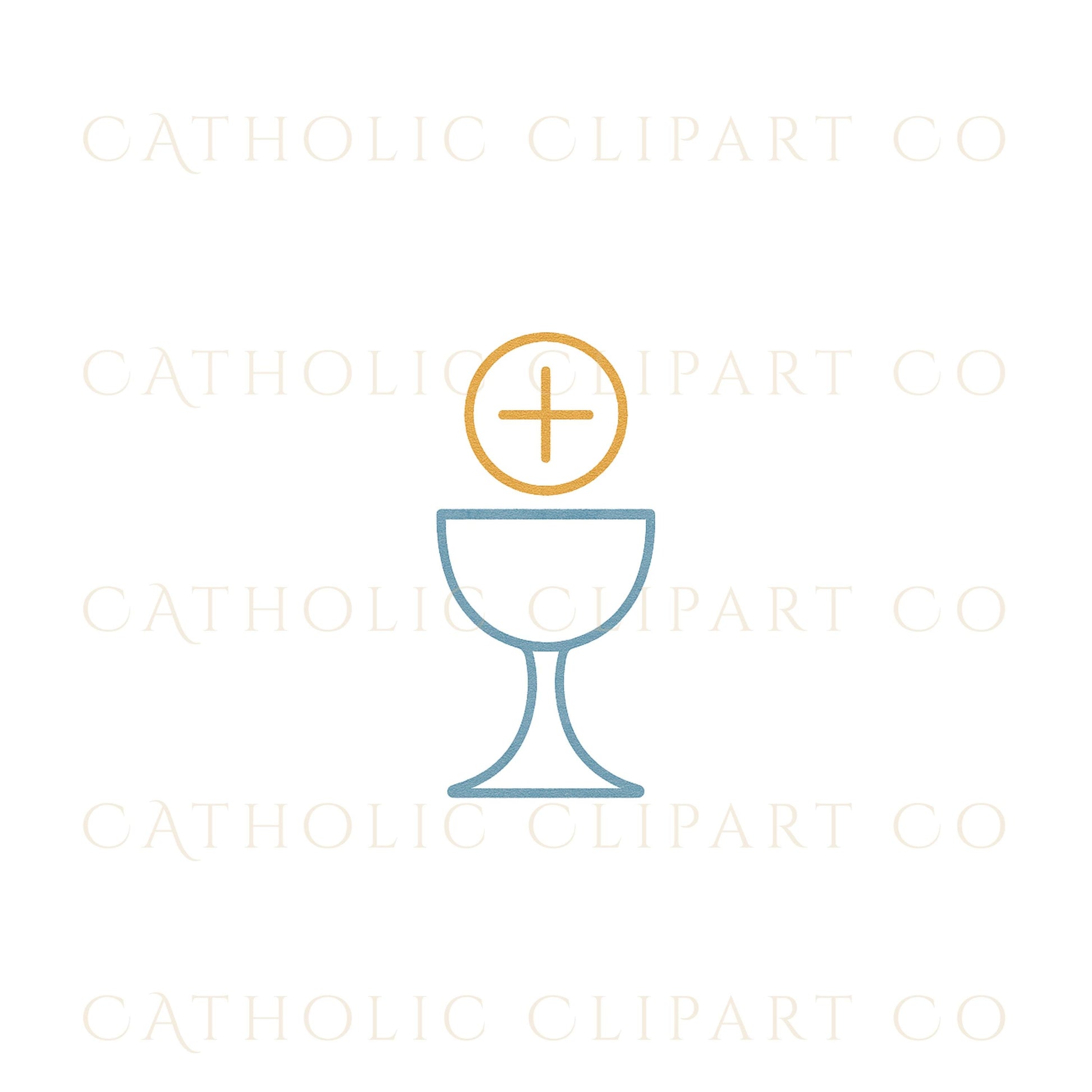 Religious wedding clipart with Catholic symbols in soft blue – Clipart religioso de boda con símbolos católicos en azul suave