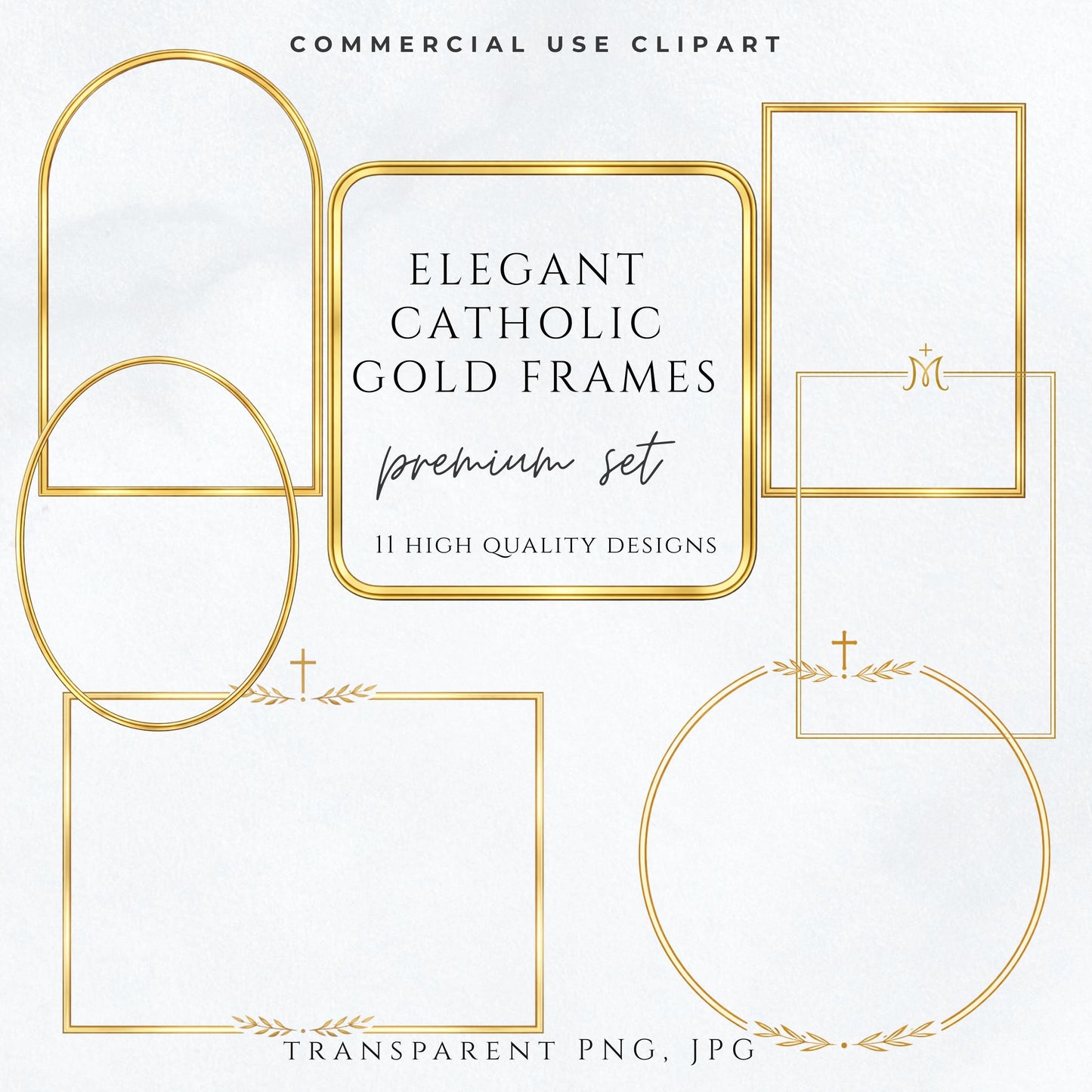 Elegant Catholic gold wedding frame clipart set with arches, rectangles, and circles | Set elegante de marcos dorados católicos para bodas con arcos, rectángulos y círculos