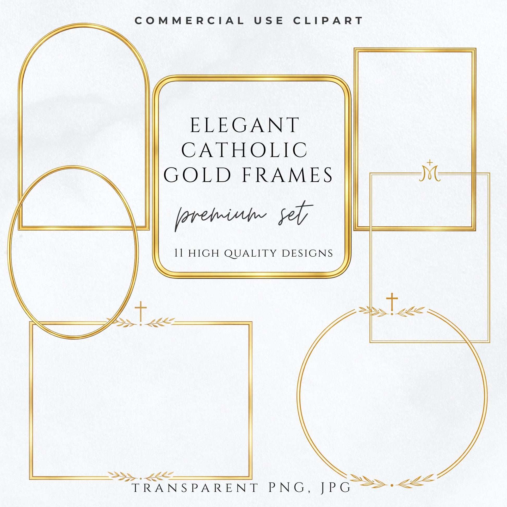 Elegant Catholic gold wedding frame clipart set with arches, rectangles, and circles | Set elegante de marcos dorados católicos para bodas con arcos, rectángulos y círculos